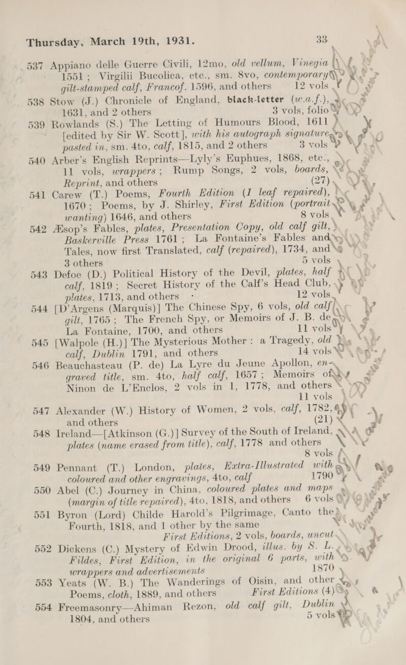 Thursday, March 19th, 1931. 99 h 4 537 Appiano delle Guerre Civili, 12mo, old vellum, Vinegia t)\ fi / 1551; Virgilii Bucolica, ete., sm. 8vo, contemporary? &amp; 7 7 gilt-stamped calf, Francof. 1596, and others 12 vols ¥ /\ 9 538 Stow (J.) Chronicle of England, black-letter (w.a.f.), Xe a 1631, and 2 others 3 vols, folio WX | 539 Rowlands (S.) The Letting of Humours Blood, 1611 ) ¥ [edited by Sir W. Scott], with his autograph signaturesa ma YP Wid Oh &amp; pasted in, sm. 4to, calf, 1815, and 2 others 3 vols 4 540 Arber’s English Reprints—Lyly’s Euphues, 1868, etc., Dh ae 11 vols, wrappers; Rump Songs, 2 vols, boards, NS hy Reprint, and others (27) .° X yy : 541 Carew (T.) Poems, Fourth Edition (1 leaf repaired), J ct ®, 1670; Poems, by J. Shirley, First Edition (portrait oy £ J wanting) 1646, and others 8 vols XN Be it 542 Aisop’s Fables, plates, Presentation Copy, old calf gilt, » Baskerville Press 1761; La Fontaine’s Fables and‘) \\\\ ~ Tales, now first Translated, calf (repaired), 1734, and \g “4° 3 others Pols ae 543 Defoe (D.) Political History of the Devil, plates, half *{ \O- calf, 1819; Secret History of the Calf’s Head Club, Ny av plates, 1713, and others - 12 vols.’ 544 [D’Argens (Marquis)] The Chinese Spy, 6 vols, old calf. | gilt, 1765; The French Spy, or Memoirs of J. B. dest. La Fontaine, 1700, and others 11 vols¥ \9, 545 [Walpole (H.)] The Mysterious Mother: a Tragedy, old Pie “4p? calf, Dublin 1791, and others 14 vols Wy Ma + ¢ 546 Beauchasteau (P. de) La Lyre du Jeune Apollon, ena, We graved title, sm. 4to, half calf, 1657; Memoirs of} s Ninon de L’Enclos, 2 vols in 1, 1778, and others X Yay ll vols }\“¥ 547 Alexander (W.) History of Women, 2 vols, calf, 1782, 49 ay and others (21) * f 548 Ireland—[Atkinson (G.)] Survey of the South of Ireland, \\A se plates (name erased from title), calf, 1778 and others Xd ~8vols / 549 Pennant (T.) London, plates, Hatra-Illustrated with oy coloured and other engravings, 4to, calf 1790 “y \ 550 Abel (C.) Journey in China, colowred plates and Maps » “ (margin of title repaired), 4to, 1818, and others 6 vols Q/\@ a) » 551 Byron (Lord) Childe Harold’s Pilgrimage, Canto the} 2 Fourth, 1818, and 1 other by the same NV dool® First Editions, 2 vols, boards, uncut. * jo. 552 Dickens (C.) Mystery of Edwin Drood, illus. by S. L. Fildes, First Edition, in the original 6 parts, with oy. “YY Ag ae Ss Pai wrappers and advertisements 1870 y 553 Yeats (W. B.) The Wanderings of Oisin, and other 4 5 Poems, cloth, 1889, and others First Editions (4)% >. &amp; 554 Freemasonry—Ahiman Rezon, old calf gilt, Dublin ‘