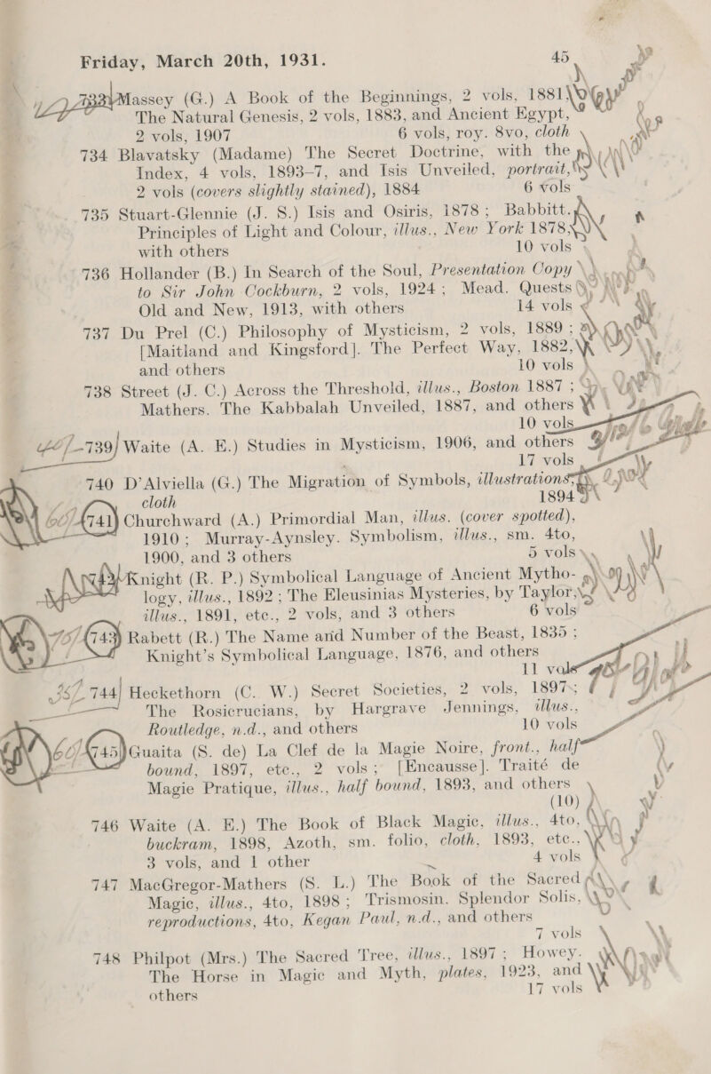 A h Da Br Massey (G.) A Book of the Beginnings, 2 vols, 1881 {Oy a The Natural Genesis, 2 vols, 1883, and Ancient Egypt, K 2 vols, 1907 6 vols, roy. 8vo, cloth BN 734 Blavatsky (Madame) The Secret Doctrine, with the Ny \\O! Index, 4 vols, 1893-7, and Isis Unveiled, portrait, “vs \ \\ 2 vols (covers slightly stained), 1884 6 vols 735 Stuart-Glennie (J. S.) Isis and Osiris, 1878 ; Babbitt. ‘ Principles of Light and Colour, illus., New York 1878) : with others 10 vols © 736 Hollander (B.) In Search of the Soul, Presentation Copy White 4. to Sir John Cockburn, 2 vols, 1924; Mead. Quests SY ye p Ps Old and New, 1913, with others 14 vols ¢ * “ Ay 737 Du Prel (C.) Philosophy of Mysticism, 2 vols, 1889 ; N Ries [Maitland and Kingsford]. The Perfect Way, 1882,\\ . and others 10 vols , oS      738 Street (J. C.) Across the Threshold, illus., Boston 1887 ; po \ Mathers. The Kabbalah Unveiled, 1887, and others Xi 1 2 10 vols Fond bo 6/739 Waite (A. E.) Studies in Mysticism, 1906, and others é 17 vols 740 D’Alviella (G.) The Migration of Symbols, dlustrationsy, Nc b)  cloth 1894 Churchward (A.) Primordial Man, illus. (cover spotted), 1910; Murray-Aynsley. Symbolism, illus., sm. 4to, \ 1900, and 3 others Svols\y, 4 WW RS a (R. P.) Symbolical Language of Ancient Mytho- a) py’ logy, illus., 1892 ; The Eleusinias Mysteries, by Taylor \ illus., 1891, etc., 2 vols, and 3 others 6 vols    4) Rabett (R.) The Name arid Number of the Beast, 1835 ; Knight’s Symbolical Language, 1876, and others 4,4 ll vos a (F T tay 744] Heckethorn (C.. W.) Secret Societies, 2 vols, 18975 j ys ae f me | . . 5 . nes The Rosicrucians, by Hargrave Jennings, llus.. Routledge, n.d., and others 10 vols &gt; a ( bi) Gaa)cousits (S. de) La Clef de la Magie Noire, front., half \) a Ne bound, 1897, etc., 2 vols; [Encausse]. Traité de Magie Pratique, illus., half bound, 1893, and others (10) \ WV 746 Waite (A. E.) The Book of Black Magic, illus., 4to, (\\ r s buckram, 1898, Azoth, sm. folio, cloth, 1893, oS ae y 3 vols, and 1 other it 4 vols if 747 MacGregor-Mathers (8S. L.) The Book of the Sacred A\\ ; { Magic, illus., 4to, 1898 ; Trismosin. Splendor Solis, NS reproductions, 4to, Kegan Paul, n.d., and others ,  The Horse in Magic and Myth, plates, 1923, and 7 vols \\ 748 Philpot (Mrs.) The Sacred Tree, tlus., 1897 ; Howey. \Q AY others 17 vols rt