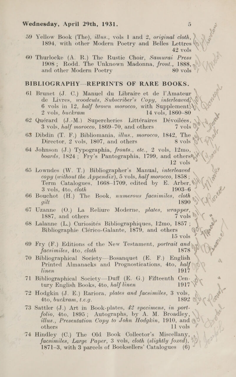 59 Yellow Book (The), illws., vols 1 and 2, original cloth, ) 1894, with other Modern Poetry and Belles Latics \ 42 vols 60 Thurlocke (A. R.) The Rustic Choir, Samurai Press 1908 ; Rodd. The Unknown Madonna, front., 1888, 9 and other Modern Poetry 80 vols °/ BIBLIOGRAPHY—REPRINTS OF RARE BOOKS. 61 Brunet (J. C.) Manuel du Libraire et de l’Amateur \ de Livres, woodcuts, Subscriber’s Copy, interleaved)\\ Av 6 vols in 12, half brown morocco, with Supplement)\)\ WMA) 2 vols, buckrom 14 vols, 1860-80 6 62 Quérard (J.-M.) Supercheries Littéraires Dévoilées, \ ae. 3 vols, half morocco, 1869-70, and others 7 vols Dy \ , 63 Dibdin (T. F.) Bibliomania, illws., morocco, 1842, The oe Director, 2 vols, 1807, and others 8 vols eet 64 Johnson (J.) Typographia, fronts., etc., 2 vols, 12mo, ... , boards, 1824; Fry’s Pantographia, 1799, and others®. oN \\ 12 vols ” 65 Lowndes (W. T.) Bibliographer’s Manual, interleaved , copy (without the Appendix), 5 vols, half morocco, 1858; Term Catalogues, 1668-1709, edited by E. Arber, i 3 vols, 4to, cloth 1903-6 - an\ 66 Bouchot (H.) The Book, numerous facsimiles, cloth ...\ a gilt 1890 )\ 67 Uzanne (O.) La Reliure Moderne, plates, wrapper, » 1887, and others 7 vols ‘es 68 Lalanne (L.) Curiosités Bibliographiques, 12mo, 1857 ; . wv Bibliographie Clérico-Galante, 1879, and others ys Lag a 15 vols 69 Fry (F.) Editions of the New Testament, portrait andy oo. s facsimiles, 4to, cloth 1878 YF WY 70 Bibliographical Society—Bosanquet (E. F.) English Printed Almanacks and Prognostications, 4to, half linen Ok? 71 Bibliographical Society—Duff (EK. G.) Fifteenth Cen- RY tury English Books, 4to, half linen 1917 \ 72 Hodgkin (J. E.) Rariora, plates and facsimiles, 3 vols, } 4to, buckram, t.e.g. 1892 B WC 3 73 Sattler (J.) Art in Book-plates, £2 specumens, in port- folio, 4to, 1895; Autographs, by A. M. Broadley, » illus., Presentation Copy to John Hodgkin, 1910, and a» others ll vols ¢ 74 Hindley (C.) The Old Book Collector’s Miscellany, , facsimiles, Large Paper, 3 vols, cloth (slightly foxed),