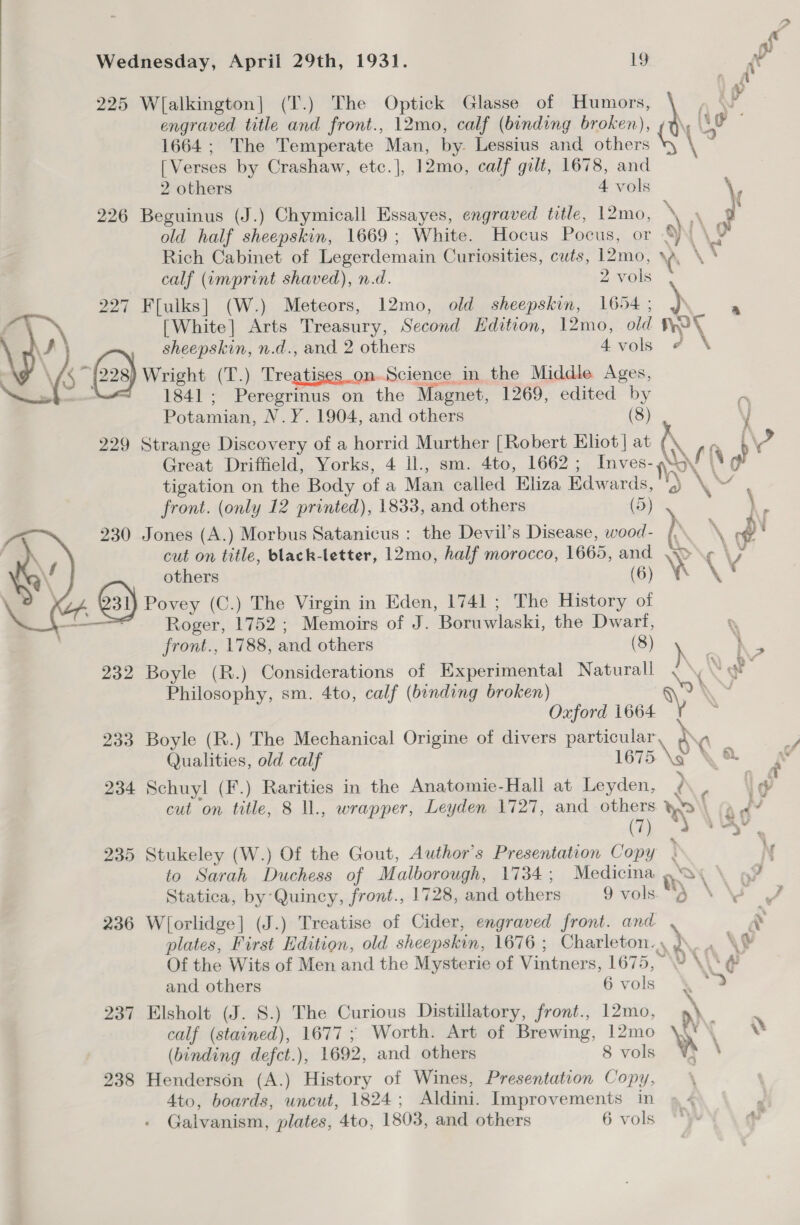 é Wednesday, April 29th, 1931. 19 a 225 W[alkington|] (T.) The Optick Glasse of Humors, a engraved title and front., 12mo, calf (binding broken), (dy i © 1664; The Temperate Man, by. Lessius and others S [Verses by Crashaw, etc. ], 12mo, calf gilt, 1678, and 2 others 4 vols \ 226 Beguinus (J.) Chymicall Essayes, engraved title, 12mo, Nee ye old half sheepskin, 1669; White. Hocus Pocus, or ‘ LAY Rich Cabinet of Legerdemain Curiosities, cuts, 12mo, \A | calf (imprint shaved), n.d. 2 vols 227 F[ulks] (W.) Meteors, 12mo, old sheepskin, 1654; J ‘ my \ [White] Arts Treasury, Second Edition, 12mo, old net A | sheepskin, n.d., and 2 others 4vols ¢ \ | 45 “3 Wright (T.) Treatises.on.Science in the Middle Ages, Wi 1841; Peregrinus on the Magnet, 1269, edited by - Potamian, N.Y. 1904, and others (8) Vy 229 Strange Discovery of a horrid Murther [Robert Eliot | at ‘ arr i od Great Driffield, Yorks, 4 ll., sm. 4to, 1662; Inves- pov Ne  . 4 tigation on the Body of a Man called Eliza Edwards, front. (only 12 printed), 1833, and others (5) vi ) 230 Jones (A.) Morbus Satanicus : the Devil’s Disease, wood- , \ ») cut on title, black-letter, 12mo, half morocco, 1665, = WO \¢ (Vv others ad WY . Gs) Povey (C.) The Virgin in Eden, 1741 ; The History # Roger, 1752; Memoirs of J. Boruwlaski, the irs front., 1788, and others 232 Boyle (R.) Considerations of Experimental Ree a i Philosophy, sm. 4to, calf (binding broken) WY Ee 1664 : 233 Boyle (R.) The Mechanical Origine of divers particular OX Qualities, old calf 1675 234 Schuyl (F.) Rarities in the Anatomie-Hall at Leyden, 2 4 \ le cut on title, 8 ll., wrapper, Leyden 1727, and others Ww) ad? om. OE A 235 Stukeley (W.) Of the Gout, Author’s Presentation Copy . to Sarah Duchess of Malborough, 1734 ; Meee te sy \ og? Statica, by Quincy, front., 1728, and others 9 vols 236 Wlorlidge] (J.) Treatise of Cider, engraved front. and plates, First Hdition, old sheepskin, 1676 ; Charleton.. Of the Wits of Men and the Mysterie of Vintners, 1675, \~ \\ and others 6vols \. 9 237 Elsholt (J. S.) The Curious Distillatory, front., 12mo, &gt; calf (stained), 1677; Worth. Art of Brewing, 12mo nN ( v (binding defct.), 1692, and others 8 vols WS % 238 Henderson (A.) History of Wines, Presentation Copy, 4to, boards, uncut, 1824; Aldini. Improvements in Galvanism, plates, 4to, 1803, and others 6 vols i Y \/ do \  h Fl” ar ae