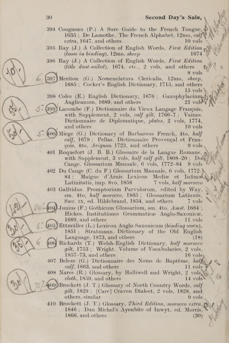 394 Cougneau (P.) A Sure Guide to the French Tongue, iv \$ 1635 ; De Lamothe. The French Alphabet, 12mo, cal on f extra, 1647, and others 10 vols * 395 Ray (J.) A Collection of English Words, First Hdition Y\6 (loose in binding), 12mo, sheep 1674 ny Y cs 396 Ray (J.) A Collection of English Words, First Edition _ f . (tattle dust-soiled), 1674, etc., 2 vols, and others WY A 8 vols ~ (397) Meriton (G.) Nomenclatura Clericalis, 12mo, sheep, he 1685 ; Cocker’s English Dictionary, 1715, and others 15 ane 398 Coles (E.) English Dictionary, 1676 ; Meee , Anglicanum, 1689, and others | 21 vols  with Supplement, 2 vols, salf gilt, 1766 ae Vaines. Dictionnaire de Diplomatique, plates, 2 vols, 1774,  and others 10 vols 00, Miege (G.) Dictionary of Barbarous French, 4to, half Pr calf, 1679; Pellas. Dictionnaire Provengal et Fran- \£ cois, 4to, Avignon 1723, and others 9 vols, a 401 Roquefort (J. B. B.) Glossaire de la Langue Romane, Nea with Supplement, 3 vols, half calf gilt, 1808-20 ; Dud!) Cange. Glossarium Manuale, 6 vols, 1772-84 9 vols \ 402 Du Cange (C. du F.) Glossarium Manuale, 6 vols, 1772- tas ae 84; Maigne d’Arnis. Lexicon Medive éb infin SAN Latinitatis, imp. 8vo, 1858 7 vols, half morocco ys 403 Galfridus. Promptorium Parvulorum, edited by Way, . . v3 sm. 4to, half morocco, 1865; Glossarium Latinum, &gt; Ds 2 ree Seec. 1x, ed. Hildebrand, 1854, and others 7 vols YS A YO Junius (F.) Gothicum Glossarium, sm. 4to, Amst. 1684 ; | — Hickes. Institutiones Grammatice Anglo-Saxonice, . , 1689, and others 11 vols 405) Ettmiiller (L.) Lexicon Anglo Saxonicum (binding worn), 1851; Stratmann. Dictionary of the Old English , Language, 1873, and others (18) Richards (T.) Welsh-English Dictionary, half morocco gilt, 1753; Wright. Volume of Vocabularies, 2 vols,  1857-73, and others 16 vols, 407 Beleze (G.) Dictionnaire des Noms de Baptéme, halfy.g a, calf, 1863, and others Ll vols wy ~ | CG \ te. 408 Nares (R.) Glossary, by Halliwell and Wright, 2 vols J~ a f\ cloth, 1859, and others 14 voles , 0 \y \ 2 (409) Brockett (J. T.) Glossary of-North Country Words, calf ae oS gilt, 1829 ; [Carr] Craven Dialect, 2 vols, 1828, and others, similar 9 vols . 1846; Dan Michel’s Ayenbite of Inwyt, ed. ee 410 Brockett (J. T.) Glossary, Third Hdition, morocco extra, OY ¢; N 1866, and others at. ¥ a) e : | &gt;|