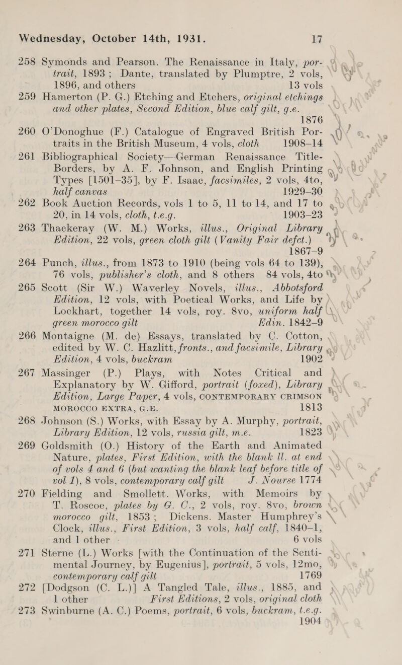 258 259 267 268 269 270 271 272 273 Symonds and Pearson. The Renaissance in Italy, por- trait, 1893; Dante, translated by Plumptre, 2 vols, 1896, and others 13 vols and other plates, Second Edition, blue calf gilt, g.e. O'Donoghue (F.) Catalogue of Engraved British Por- traits in the British Museum, 4 vols, cloth 1908-14 Biblographical Society—German Renaissance Title- Borders, by A. F. Johnson, and English Printing Types [1501-35], by F. Isaac, facsimiles, 2 vols, 4to, half canvas 1929-30 Book Auction Records, vols 1 to 5, 11 to 14, and 17 to 20, in 14 vols, cloth, t.e.g. 1903-23 Thackeray (W. M.) Works, illus., Original Inbrary Edition, 22 vols, green cloth gilt (Vanity Fair defct.) 1867-9 Punch, illus., from 1873 to 1910 (being vols 64 to 139), Scott (Sir W.) Waverley Novels, illus., Abbotsford green morocco gilt Edin. 1842-9 edited by W. C. Hazlitt, fronts., and facsimile, Library Edition, 4 vols, buckram 1902 Massinger (P.) Plays, with Notes Critical and Explanatory by W. Gifford, portrait (fowed), Library Edition, Large Paper, 4 vols, CONTEMPORARY CRIMSON MOROCCO EXTRA, G.E. 1813 Inbrary Edition, 12 vols, russia gilt, m.e. Goldsmith (O.) History of the Earth and Animated vol 1), 8 vols, contemporary calf gilt J. Nourse 1774 Fielding and Smollett. Works, with Memoirs by T. Roscoe, plates by G. C., 2 vols, roy. 8vo, brown Clock, illus., First Edition, 3 vols, half calf, 1840-1, and | other - 6 vols oe a « > ras mental Journey, by Eugenius], portrait, 5 vols, 12mo, contemporary calf gilt 1769 [Dodgson (C. L.)] A Tangled Tale, illus., 1885, and 1 other First Editions, 2 vols, original cloth Swinburne (A. C.) Poems, portrait, 6 vols, buckram, t.e.g. 1904