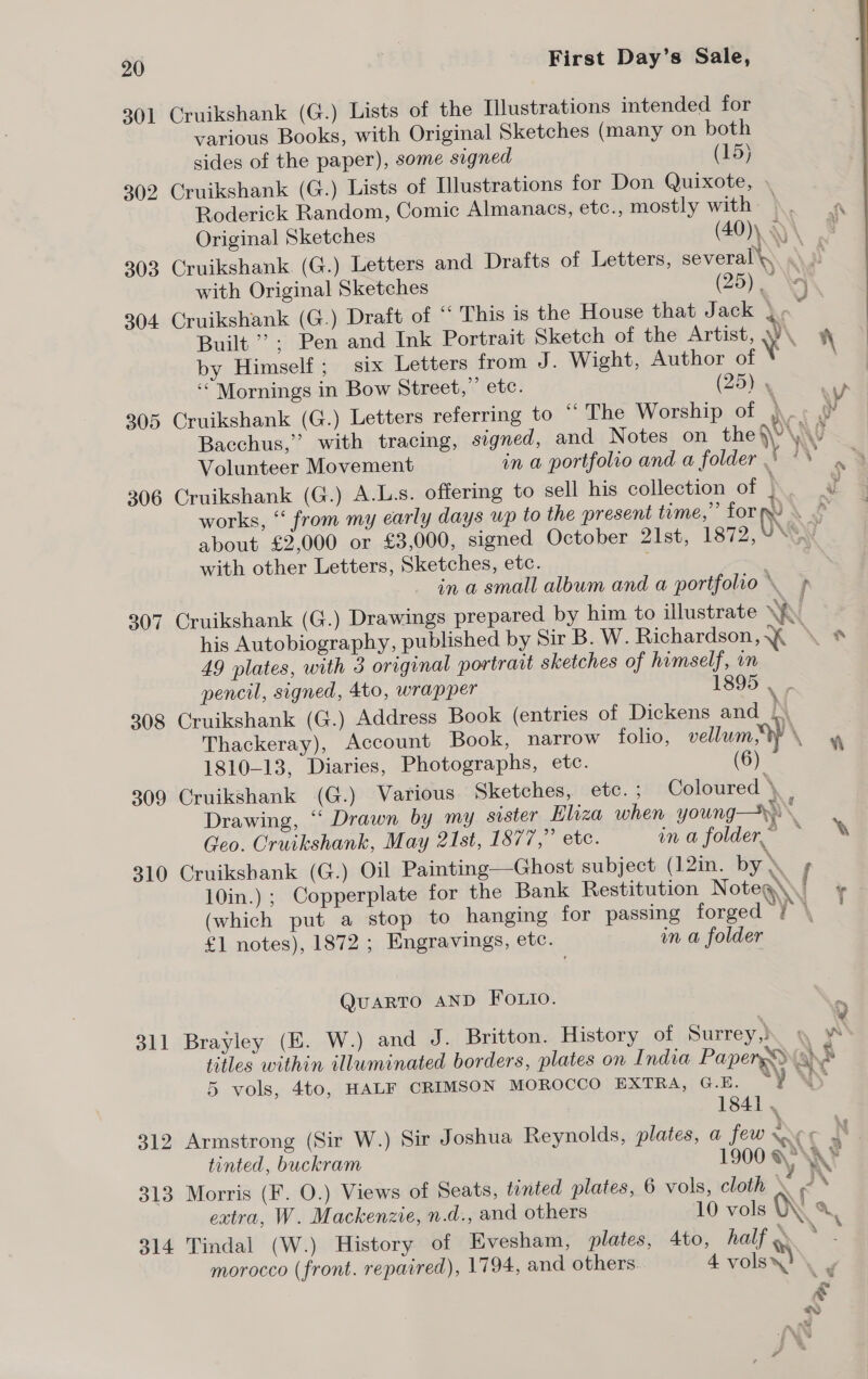 20 Cruikshank (G.) Lists of the Illustrations intended for (15) various Books, with Original Sketches (many on both 301 sides of the paper), some signed 302 Cruikshank (G.) Lists of Hlustrations for Don Quixote, Roderick Random, Comic Almanacs, etc., mostly with Original Sketches (40)\ ay \ 303 Cruikshank (G.) Letters and Drafts of Letters, several...) with Original Sketches (25) \ Cruikshank (G.) Draft of ‘‘ This is the House that Jack ), : Pen and Ink Portrait Sketch of the Artist, Y . te six Letters from J. Wight, Author of ° _ (Bigot 304 Built: sc by Himself ; “Mornings in Bow Street,” etc. Letters referring to “The Worship of , gned, and Notes on the % in a portfolio and a folder HAY ow § 29 for NY 2 ! 305 Cruikshank (G.) Bacchus,” with tracing, s2 Volunteer Movement | Cruikshank (G.) A.L.s. offering to sell his collection of _ m my early days wp to the present time, ned October 21st, 1872,¥\ lbwm and a portfolio \ Pal 7 7 i 306 works, “* fro about £2,000 or £3,000, sig with other Letters, Sketches, etc. - ina small a 807 Cruikshank (G.) Drawings prepared by him to illustrate YY his Autobiography, published by Sir B. W. Richardson, \ * 49 plates, with 3 original portrait sketches of himself, vn 1895 . . vellum \ pencil, signed, 4to, wrapper Address Book (entries of Dickens and (6) og 308 1810-13, Diaries, Photographs, etc. Cruikshank (G.) Various Sketches, ete. ; Drawing, “ Drawn by my sister Eliza when young. Geo. Cruikshank, May 21st, 1877,” etc. in a folder” — Cruikshank (G.) Oil Painting—Ghost subject (12in. by » 10in.); Copperplate for the Bank Restitution Noteg Cruikshank (G.) Thackeray), Account Book, narrow folio, Coloured \_ f 2 ~¢ 309 310 hanging for passing forged / \ wn a folder a m WwW ay | 4 (which put a stop to £1 notes), 1872 ; Engravings, etc. QuARTO AND Fotio. and J. Britton. History of Surrey, d borders, plates on India Papers» ‘y 1841, 3 311 Brayley (E. W.) titles within wlluminate vols, 4to, HALF CRIMSON MOROCCO EXTRA, G.E. OA a ‘ 5 Armstrong (Sir W.) Sir Joshua Reynolds, plates, a few 10 vols UX. 312 tinted, buckram 313 Morris (F. 0.) Views of Seats, tinted plates, 6 vols, cloth extra, W. Mackenzie, n.d., and others Tindal (W.) History of Evesham, plates, 4to, half a: 4 vols~) - € 314 morocco (front. repaired), 1794, and others.
