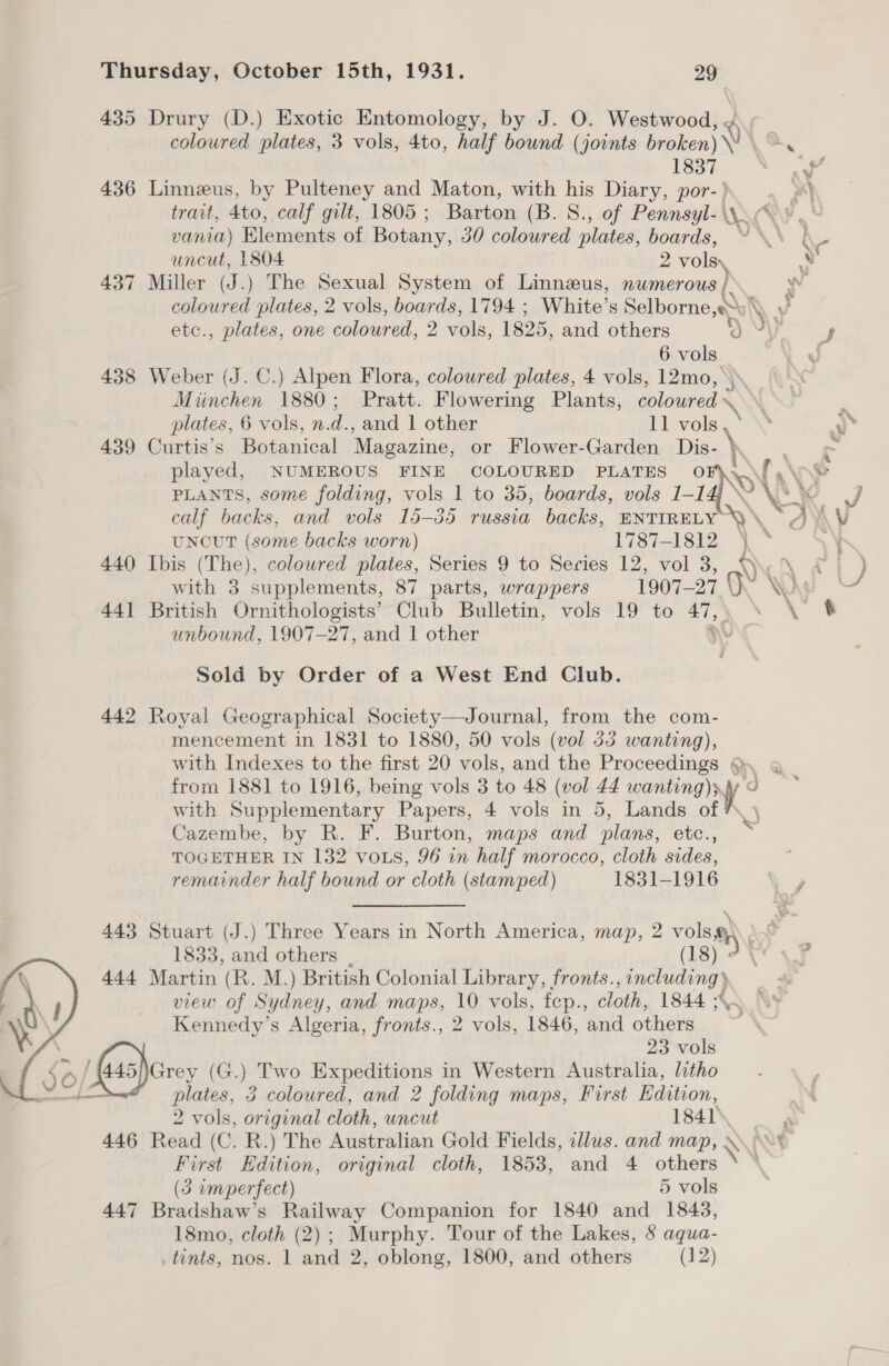 435 Drury (D.) Exotic Entomology, by J. O. Westwood, coloured plates, 3 vols, 4to, half bound (joints broken) DY ne 1337 MP 436 Linneus, by Pulteney and Maton, with ca Diary, por-} 7 5 trait, 4to, calf gilt, 1805; Barton (B.S8., of Pennsyl-. Ww, vania) Elements of Botany, 30 2a ae plates, boards, © % uncut, 1804 2 vols “? 437 Miller (J.) The Sexual System of Linnezeus, numerous } coloured plates, 2 vols, boards, 1794 ; White’ s Selborne,es\,_ etc., plates, one coloured, 2 vols, 1825, and others 9 Jy 6 vols 438 Weber (J. C.) Alpen Flora, coloured plates, 4 vols, 12mo, Miinchen 1880 ; Pratt. Flowering Plants, coloured \ plates, 6 vols, n. d. , and | other 11 vols 439 Curtis's Botanical Magazine, or Flower-Garden Dis- } . played, NUMEROUS FINE COLOURED PLATES ~ PLANTS, some folding, vols 1 to 35, boards, vols I- PN Wy calf backs, and vols 15-35 russia backs, ENTIRELY \\ > ‘ UNCUT (some backs worn) 17371812 \™ 440 Ibis (The), coloured plates, Series 9 to Series 12, vol 3, ) with 3 supplements, 87 parts, wrappers 1907-27 | 441 British Ornithologists’ Club Bulletin, vols 19 to 47,. % \ unbound, 1907-27, and 1 other WW Sold by Order of a West End Club. 442 Royal Geographical Society—Journal, from the com- mencement in 1831 to 1880, 50 vols (vol 33 wanting), with Indexes to the first 20 vols, and the Proceedings 9 «@ from 1881 to 1916, being vols 3 to 48 (vol 44 wanting) Jy © with Supplementary Papers, 4 vols in 5, Lands of %\\ Cazembe, by R. F. Burton, maps and plans, etc., id TOGETHER IN 132 voLs, 96 in half morocco, cloth sides, remainder half bound or cloth (stamped) 1831-1916 , 443 Stuart (J.) Three Years in North America, map, 2 vols@). 1833, and others (1g) 2” . p 444 Martin (R. M.) British Colonial Library, fronts. ama view of Sydney, and maps, 10 vols, fep., cloth, 1844 3\. © Kennedy’s Algeria, fronts., 2 vols, 1846, and others ; 23 vols So Gas)orey (G.) Two Expeditions in Western Austraha, litho -——+— plates, 3 coloured, and 2 folding maps, First Edition, 2 vols, original cloth, uncut 1841 446 Read (C. R.) The Australian Gold Fields, illus. and map, x (3 omperfect) 5 vols 447 Bradshaw's Railway Companion for 1840 and 1843, 18mo, cloth (2); Murphy. Tour of the Lakes, 8 aqua- _tints, nos. 1 and 2, oblong, 1800, and others (12) 