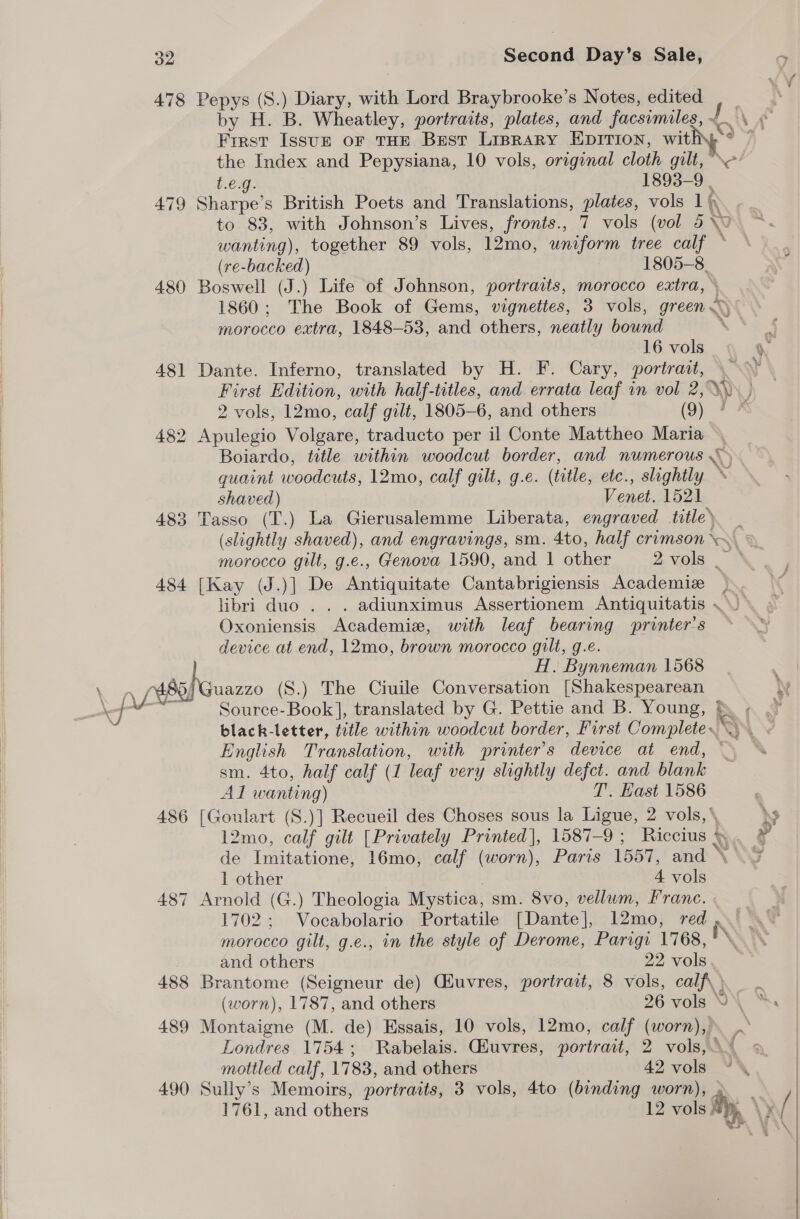 478 Pepys (S.) Diary, with Lord Braybrooke’s Notes, edited , by H. B. Wheatley, portraits, plates, and facsimiles, ~ \ ‘a First Issuz or THE Best LiprarRy EDITION, wit ] the Index and Pepysiana, 10 vols, original cloth gilt, © t.e.g. 1893- 5. 479 Sharpe’s British Poets and Translations, plates, vols 1¢ to 83, with Johnson’s Lives, fronts., 7 vols (vol 5X0 wanting), together 89 vols, 12mo, uniform tree calf * (re-backed) 1805-8. 480 Boswell (J.) Life of Johnson, portraits, morocco extra, \ 1860; The Book of Gems, vignettes, 3 vols, green AN) morocco extra, 1848-53, and others, neatly bound ee 16 vols 481 Dante. Inferno, translated by H. F. Cary, portrait, Furst Edition, with half-titles, and errata leaf in vol 2, YY) 2 vols, 12mo, calf gilt, 1805-6, and others (9) 482 Apulegio Volgare, traducto per il Conte Mattheo Maria Boiardo, title within woodcut border, and numerous \~ quaint woodcuts, 12mo, calf gilt, g.e. (tutle, etc., slightly ~ shaved) Venet. 1521 483 Tasso (T.) La Gierusalemme Liberata, engraved title) _ (slightly shaved), and engravings, sm. 4to, half crimson \~ morocco gilt, g.e.. Genova 1590, and 1 other 2vols 484 [Kay (J.)] De Antiquitate Cantabrigiensis Academie libri duo . . . adiunximus Assertionem Antiquitatis .\ Oxoniensis Academie, with leaf bearing printer's device at end, 12mo, brown morocco gilt, g.e. H. Bynneman 1568 f \ ppibehiuazzo (8, .) The Ciuile Conversation [Shakespearean sates ee translated by G. Pettie and B. Young, &amp; ; black-letter, title within woodcut border, Furst Complete. WN English Translation, with printer's device at end, ° sm. 4to, half calf (1 leaf very slightly defct. and blank Al wanting) T. Hast 1586 486 [Goulart (S.)] Recueil des Choses sous la Ligue, 2 vols,‘ NS 12mo, calf gilt [Privately Printed], 1587-9 ; Riccius } AY “¢ de Imitatione, 16mo, calf (worn), Paris 1557, and \ Wf 1 other | 4 vols 487 Arnold (G.) Theologia Mystica, sm. 8vo, vellum, Franc. { 1702; Vocabolario Portatile [Dante], 12mo, red ,\ morocco gilt, g.e., in the style of Derome, Parigr 1768, 3 and others 22 vols 488 Brantome (Seigneur de) Chuvres, portrait, 8 vols, calf\\ _ (worn), 1787, and others 26 vols Y\ 489 Montaigne (M. de) Essais, 10 vols, 12mo, calf (worn), Londres 1754; Rabelais. Guvres, portrait, 2 vols, ¢« mottled calf, 1783, and others 42 i 490 Sully’s Memoirs, portraits, 3 vols, 4to (binding worn), 1761, and others 12 vols as