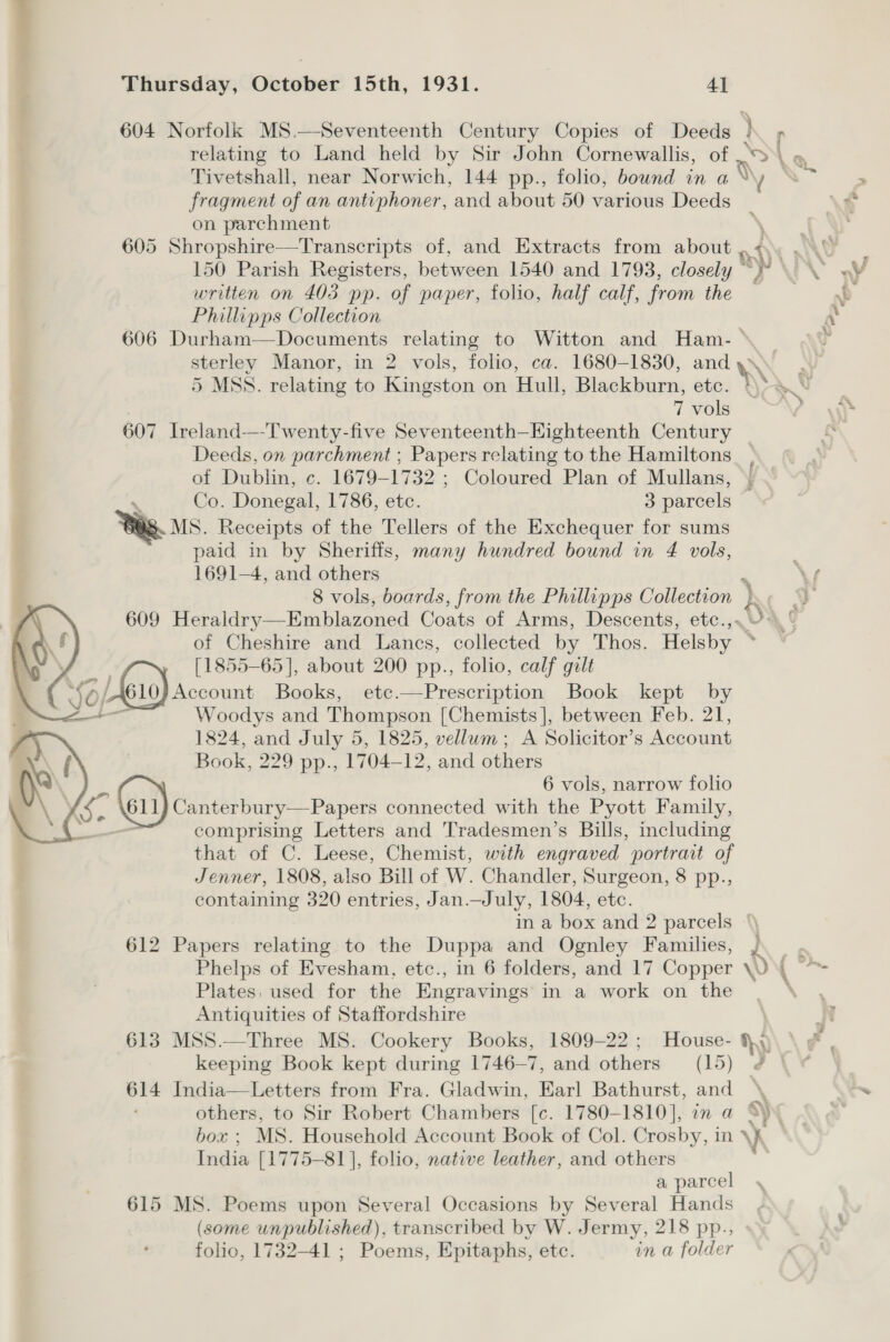 604 Norfolk MS.—Seventeenth Century Copies of Deeds ) relating to Land held by Sir John Cornewallis, of >. « Tivetshall, near Norwich, 144 pp., folio, bound in a \) / i fragment of an antiphoner, and about 50 various Deeds % on parchment ; 605 Shropshire—Transcripts of, and Extracts from about , Q\\) a 150 Parish Registers, between 1540 and 1793, closely ~ np) Vo owl written on 403 pp. of paper, folio, half calf, from the gD Phillipps Collection \ 606 Durham—Documents relating to Witton and Ham-_ sterley Manor, in 2 vols, folio, ca. 1680-1830, and ys 5 MSS. relating to Kingston on Hull, Blackburn, etc. *) 7 vols \s 607 Ireland—-Twenty-five Seventeenth—Eighteenth Century Deeds, on parchment ; Papers relating to the Hamiltons of Dublin, c. 1679-1732 ; Coloured Plan of Mullans, | Co. Donegal, 1786, etc. 3 parcels MS. Receipts of the Tellers of the Exchequer for sums paid in by Sheriffs, many hundred bound in 4 vols, | 1691-4, and others : Ne 8 vols, boards, from the Phillipps Collection Ry A 609 Heraldry—Emblazoned Coats of Arms, Descents, etc., . of Cheshire and Lanes, collected by Thos. Heiss . 4 [1855-65], about 200 pp., folio, calf gilt nf 610) Account Books, etc.—Prescription Book kept by ~~ Woodys and Thompson [Chemists], between Feb. 21, 1824, and July 5, 1825, vellum; A Solicitor’s Account Book, 229 pp., 1704-12, and others 6 vols, narrow folio Canterbury—Papers connected with the Pyott Family, comprising Letters and Tradesmen’s Bills, including that of C. Leese, Chemist, with engraved portrait of Jenner, 1808, also Bill of W. Chandler, Surgeon, 8 pp., containing 320 entries, Jan.—July, 1804, etc. in a box and 2 parcels ‘ 612 Papers relating to the Duppa and Ognley Families, : ae Phelps of Evesham, etc., in 6 folders, and 17 Copper \O\\ > Plates, used for the Engravings in a work on the Why Antiquities of Staffordshire 613 MSS.—Three MS. Cookery Books, 1809-22; House- ),) keeping Book kept during 1746-7, and others (15) ¢ | 614 India—Letters from Fra. Gladwin, Earl Bathurst, and \, others, to Sir Robert Chambers [c. 1780-1810], in a %) box ; MS. Household Account Book of Col. Crosby, in ° \y India [1775-81], folio, native leather, and others a parcel 615 MS. Poems upon Several Occasions by Several Hands (some unpublished), transcribed by W. Jermy, 218 pp., folio, 1732-41 ; Poems, Epitaphs, etc. in a folder i. | ' 