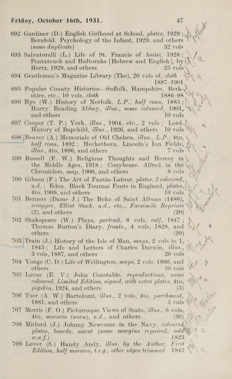 699 700 701 702 Gardiner (D.) English Girlhood at School, plates, 1929 ; 3 aN Bernfeld. Psychology of the Infant, 1929, and others \ \ (some duplicate) 32 vols Pentateuch and Haftorahs [Hebrew and English], by O Hertz, 1929, and others 25 vols\ * \ 1887-1901 Popular County Histories—Suffolk, Hampshire, Berk- %\, shire, etc., 10 vols, cloth 1886- 98 “ Rye (W.) History of Norfolk, L.P., half roan, 1885 ; e and others 10 wale Cooper (T. P.) York, aliws., 1904, ete., 2 vols; Lord. History of Bapchild, cllus., 1926, and others 10 vols My half roan, 1892; Heckethorn. Lincoln’s Inn Eee Me illus., 4to, 1896, and others T vols \ \ Bussell (F. W.) Religious Thoughts and Heresy in’ the Middle Ages, 1918; Conybeare. Alfred in the 6 Gibson (F.) The Art of Fantin-Latour, plates, 2 coloured, n.d.; Eden. Black Tournai Fonts in England, plates,/. / 4to, 1909, and others 10 vols ? Berners (Dame J.) The Boke of Saint Albans (1486), (2), and others (20) Shakspeare (W.) Plays, portrait, 8 vols, calf, 1847; \ Thomas Burton’s Diary, fronts., 4 vols, 1828, and ‘ others (20) 704 1845; Life and Letters of Charles Darwin, illus., (> 3 vols, 1887, and others 20 vols — Yonge (C. D.) Life of Wellington, maps, 2 vols, 1860, and >» / others 50 vols \ coloured, Limited Edition, signed, with extra plates, 4to, pigskin, 1924, and others (5) 1881, and others 5 vols NY ' 4to, morocco (worn), n.d., and others (30) plates, boards, uncut (some margins repaired, sold) w.a.f.) 1823 Edition, half morocco, t.e.g., other edges trimmed 1842 —