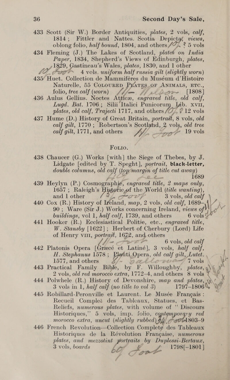 433 Scott (Sir W.) Border Antiquities, piates, 2 vols, calf, 1814; Fittler and Nattes. Scotia Depictay views, oblong folio, half bound, 1804, and others /7A z 5 vols 434 Fleming (J.) The Lakes of Scotland, plates on India Paper, 1834, Shepherd’s Views of Edinburgh, plates, , 1829, Gastineau’ s Wales, plates, 1830, and 1 other LE Fuge A vols. uniform half russia gilt (slightly worn) 435/ Huet. Collection de Mammiteres du Muséum d’ Histoire Naturelle, 55 CoLOURED PYATES oF ANIMALS, ETC., folio, tree calf (worn) Vi la Jf ph Duro [1808] 436 Aulus Gellius. Noctes Attice, aac title, old calf, Lugd. Bat. 1706; Silii- ‘Ttalici Punicoru 1 Lib. XVII, plates, old calf, Trajecti 1717, and others Vay Lp 7.12 vols 437 Hume (D.) History of Great Britain, portradt, 8 vols, old calf gilt, 1770 ; Robertson’s Scotland, 2, vols, old tree calf gilt, 1771, and others JD. igre 19 vols FOLIo. 438 Chaucer (G.) Works [with] the Siege of Thebes, by J. Lidgate [edited by T. Speght], portrait, black-letter, double columns, old calf ( (top ngs of title cut away) m 1689 439 Heylyn (P.) Cosmographié t hieee ele. 2 maps only, 1657 ; Raleigh’ og ee the World (title wanting), and 1 other 90 ; Ware (Sir J.) Works concerning Ireland, views of, 441 Hooker (R.) Ecclesiastical Politie, etc., engraved title, W. Stansby [1622]; Herbert of Cherbury (Lord) Life of Henry viii, portrait, Lop, and, others Shir | 6 vols, old calf 442 Platonis Opera [Grecé et pees 3 vols, half calf, H. Stephanus 1578 ; ppt, p pers, old calf gilt, Lutet. , 1577, and others &amp;y Fi. vols | 443 Practical Family Bible, by ¥. “Willoughby. plates, 2 vols, old red morocco extra, 1772-4, and others 8 vols { 444 Polwhele (R.) History of Devonshire, map and plates, \y i as xX 445 Rolvilientt-Derongale et Laurent. Le Musée Frangais : Recueil Complet des Tableaux, Statues, et Bas- Reliefs, numerous plates, with ee oe = oe Historiques,’’ 5 vols, imp. folio, rary red morocco extra, uncut (slightly ae 1803-9 446 French Revolution—Collection MBE: 1 nde Paisheciunk Historiques de la Révolution Frangaise, numerous plates, and mezzotint Portraits by Duplessi-Bertaux, 3 vols, boards Le £ f 1798[-1801 ] bd Es Tt, an Z s