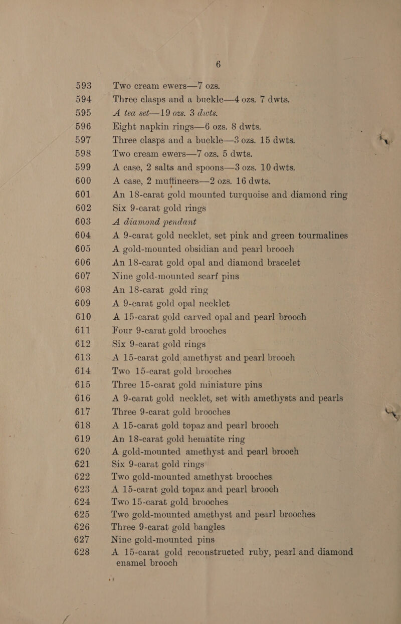 593 594 595 596 597 598 599 600 601 602 603 604 605 606 607 608 609 610 611 612 613 614 615 616 617 618 619 620 621 622 623 624 625 626 627 628 6 Two cream ewers—7 ozs. Three clasps and a buckle—4 ozs. 7 dwts. A. tea set-—19 ozs. 3 dwts. Eight napkin rings—6 ozs. 8 dwts. Three clasps and a buckle—3 ozs. 15 dwts. Two cream ewers—7 ozs. 5 dwts. A case, 2 salts and spoons—3 ozs. 10 dwts. A case, 2 muffineers—2 ozs. 16 dwts. Six 9-carat gold rings A diamond pendant A gold-mounted obsidian and pearl brooch An 18-carat gold opal and diamond bracelet Nine gold-mounted scarf pins An 18-carat gold ring A 9-carat gold opal necklet A 15-carat gold carved opal and pearl brooch Four 9-carat gold brooches Six 9-carat gold rings A 15-carat gold amethyst and pearl brooch Two 15-carat gold brooches Three 15-carat gold miniature pins A 9-carat gold necklet, set with amethysts and pearls Three 9-carat gold brooches A 15-carat gold topaz and pearl brooch An 18-carat gold hematite ring A gold-mounted amethyst and pearl brooch Six 9-carat gold rings Two gold-mounted amethyst brooches A 15-carat gold topaz and pearl brooch Two 15-carat gold brooches Two gold-mounted amethyst and pearl brooches Three 9-carat gold bangles Nine gold-mounted pins enamel brooch a