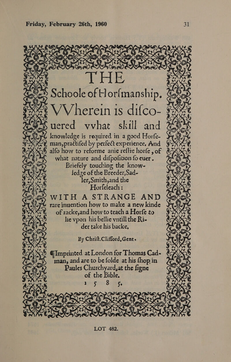              | an Schoole of Horfmanship, , gee VV herein is difco- $2 es uered vvhat skill and @O4 re knowledge is required in a good Horfe- ARs ¢, Man,practifed by perfect experience, And y VL 5y AKG alfo how to reforme anie reltie horfe of @Xort net Bet) are rare inuention how to make a new kinde what nature and difpofition fo euer. a we ae 9%. é of racke,and how to teach a Horfe to Briefely touching the know- ae ond A By lie vpon his bellie vntill the Ri-  WITH A STRANGE AND   ledze of the Breeder,Sad- ler, Smith,and the ea der take his backe, tus By Chrift.Clifford,Gent. Horleleach : a al Imprinted at London for Thomas Cad- ( 3°35 man, andare to be folde at his fhop in “¢ Paules Churchyard, at the figne of the Bible. xymfiino SiGe 