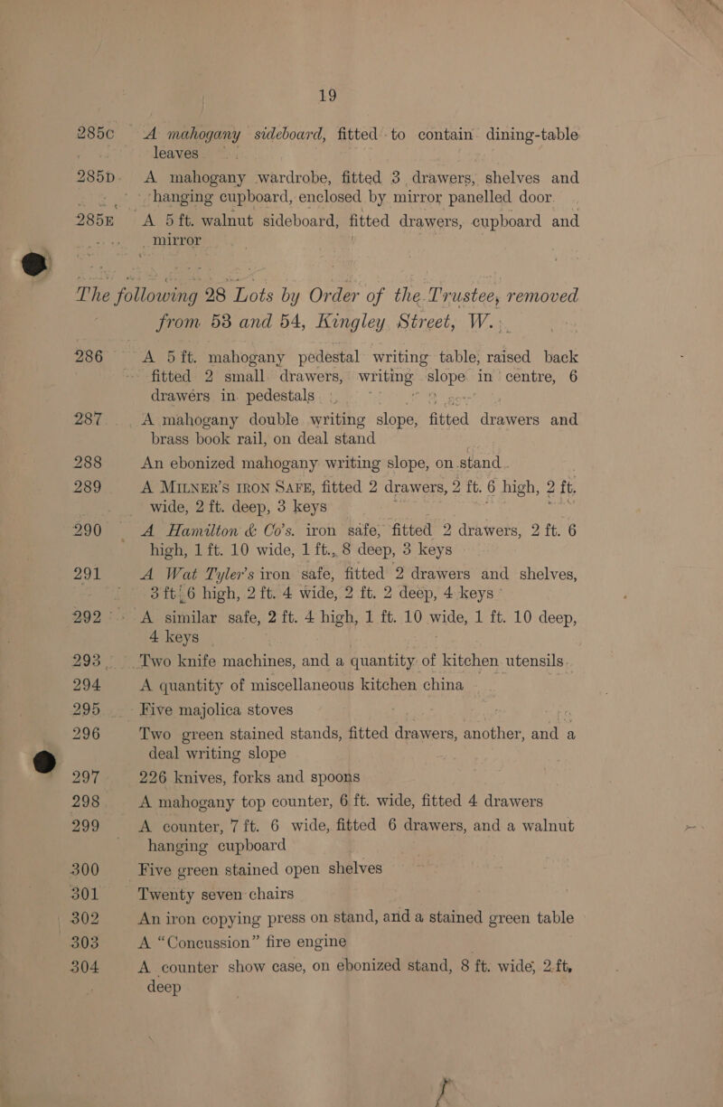 285c A mahogany sideboard, fitted - to contain dining-table . leaves. © 285D. A mahogany wardrobe, fitted 3, drawers, shelves and ‘hanging cupboard, enclosed by mirror panelled door. 285n A 5 ft. walnut sideboard, fitted drawers, cupboard and mirror: The a 28 Lots by Order of the. Trustee, removed | from 58 and 54, Kingley. Street, W.. 286 A 5 ft. mahogany pedestal writing table, raised back ~~ fitted. 2 small.’ drawers, yal et in centre, 6 drawers in. pedestals... 9 287. A mahogany double writing slope, fitted canons and brass book rail, on deal stand 288 An ebonized mahogany writing slope, on. stand. 289 A MILNER’S IRON SAFE, fitted 2 drawers, 2 it 2 high, 2 2 - _ wide, 2 ft. deep, 3 keys Bo 290 A Hamilton &amp; Co's. iron safe, fitted 2 drawers, 2 ft. 6 high, 1 ft. 10 wide, 1 ft., 8 deep, 3 keys 291 A Wat Tyler's iron safe, fitted 2 drawers and shelves, - | 3 t:.6 high, 2 ft. 4 wide, 2 ft. 2 deep, 4-keys : 292°. A similar safe, 2 it. 4 high, 1 ft. 10 wide, 1 ft. 10 deep, 4 keys 293 Two knife machines, and a quantity: of kitchen utensils. 294 A quantity of miscellaneous kitchen china - 295 __~ Five majolica stoves 296 Two green stained stands, fitted sue another, and a deal writing slope 297-226 knives, forks and spoons 298. A mahogany top counter, 6 ft. wide, fitted 4 drawers 299 A counter, 7 ft. 6 wide, fitted 6 drawers, and a walnut hanging cupboard 300 ‘Five green stained open shelves 301 Twenty seven chairs | 302 An iron copying press on stand, and a stained green table 303 A “Concussion” fire engine | 304 A counter show case, on ebonized stand, 8 ft. wide, 2.ft, deep