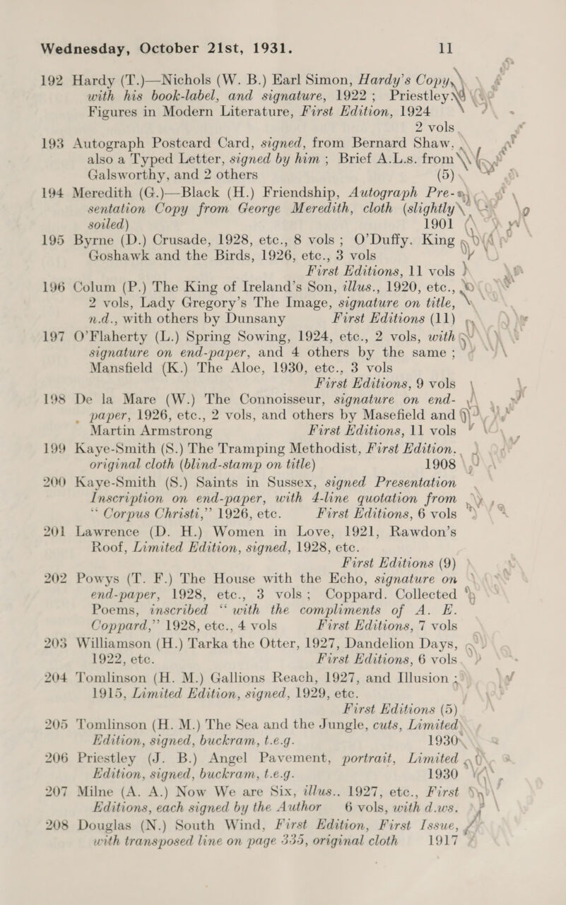 192 193 194 195 196 197 1] 2 vols Galsworthy, and 2 others (5) soiled) Goshawk and the Birds, 1926, etc., 3 vols n.d., with others by Dunsany Mansfield (K.) The Aloe, 1930, etc., 3 vols Martin Armstrong original cloth (blind-stamp on title) “ Corpus Christi,’ 1926, etc. Roof, Limited Edition, signed, 1928, etc. Coppard,”’ 1928, etc., 4 vols 1915, Limited Edition, signed, 1929, etc. Edition, signed, buckram, t.e.g. Edition, signed, buckram, t.e.g. Milne (A. A.) Now We are Six, tllus.. 1927, etc 1930 with transposed line on page 335, original cloth 1917 \ n 2s, ca J wi
