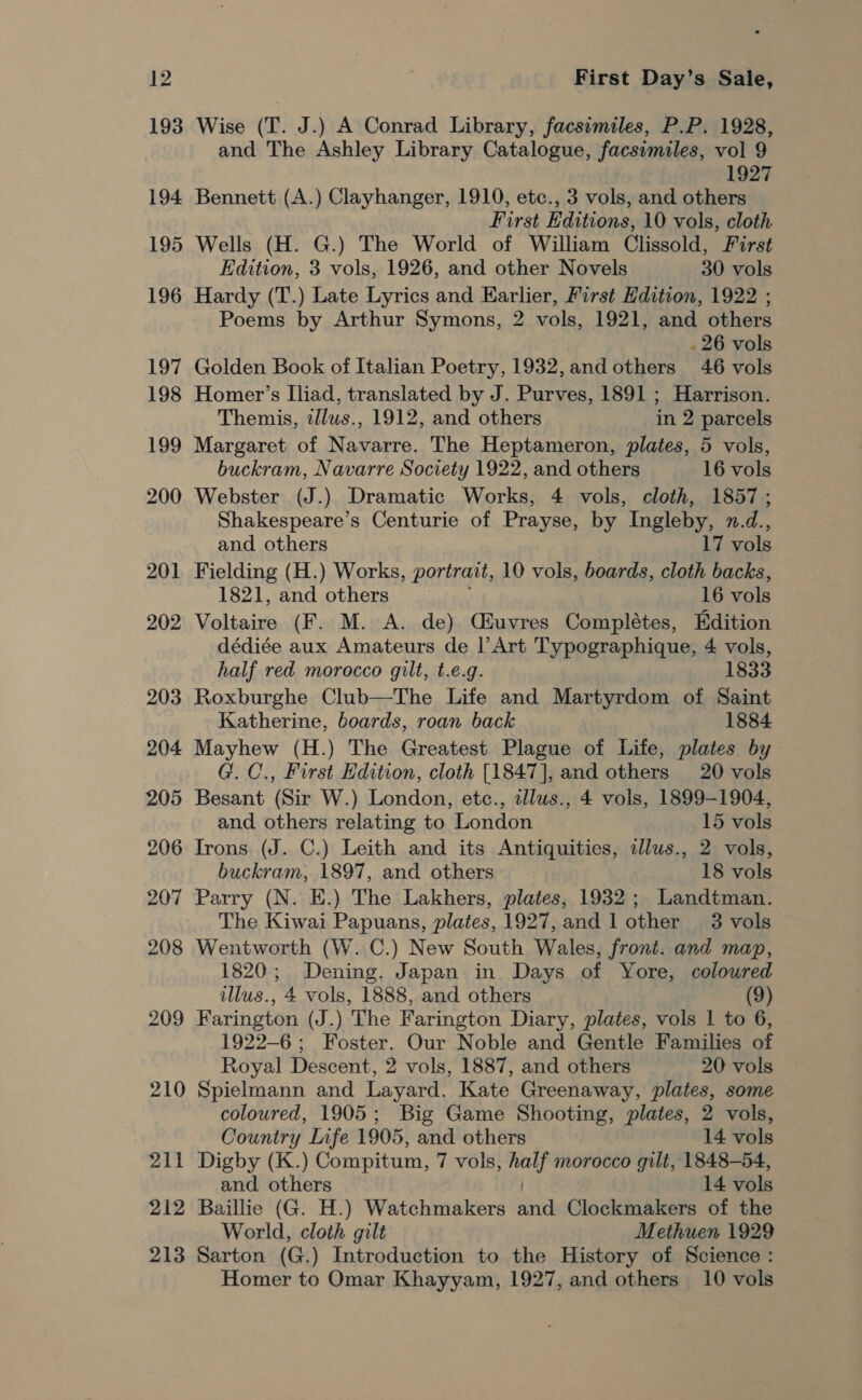 212 213 First Day’s Sale, Wise (T. J.) A Conrad Library, facsimiles, P.P. 1928, and The Ashley Library Catalogue, facsimiles, vol 9 1927 Bennett (A.) Clayhanger, 1910, etc., 3 vols, and others First Editions, 10 vols, cloth Wells (H. G.) The World of William Clissold, First Edition, 3 vols, 1926, and other Novels 30 vols Hardy (T.) Late Lyrics and Earlier, First Hdition, 1922 ; Poems by Arthur Symons, 2 vols, 1921, and others . 26 vols Golden Book of Italian Poetry, 1932,and others 46 vols Homer’s [liad, translated by J. Purves, 1891 ; Harrison. Themis, tllus., 1912, and others in 2 parcels Margaret of Navarre. The Heptameron, plates, 5 vols, buckram, Navarre Society 1922, and others 16 vols Webster (J.) Dramatic Works, 4 vols, cloth, 1857; Shakespeare’s Centurie of Prayse, by Ingleby, n.d., and others 17 vols Fielding (H.) Works, portrait, 10 vols, boards, cloth backs, 1821, and others 16 male Voltaire (F. M. A. de) Ciuvres Complétes, Edition dédiée aux Amateurs de l’Art Typographique, 4 vols, half red morocco gilt, t.e.g. 1833 Roxburghe Club—The Life and Martyrdom of Saint Katherine, boards, roan back 1884 Mayhew (H.) The Greatest Plague of Life, plates by G. C., First Edition, cloth [1847], and others 20 vols Besant (Sir W.) London, etc., zllus., 4 vols, 1899-1904, and others relating to London 15 vols Irons (J. C.) Leith and its Antiquities, illus., 2 vols, buckram, 1897, and others 18 vols Parry (N. E.) The Lakhers, plates, 1932; Landtman. The Kiwai Papuans, plates, 1927, and 1 other 3 vols Wentworth (W. C.) New South Wales, front. and map, 1820; Dening. Japan in Days of Yore, coloured illus., 4 vols, 1888, and others (9) Farington (J.) The Farington Diary, plates, vols | to 6, 1922-6; Foster. Our Noble and Gentle Families of Royal Descent, 2 vols, 1887, and others 20 vols Spielmann and Layard. Kate Greenaway, plates, some coloured, 1905; Big Game Shooting, plates, 2 vols, Country Infe 1905, and others 14 vols Digby (K.) Compitum, 7 vols, lag morocco gilt, 1848-54, and others 14 vols Baillie (G. H.) Watchmakers na Clockmakers of the World, cloth gilt Methuen 1929 Sarton (G.) Introduction to the History of Science :