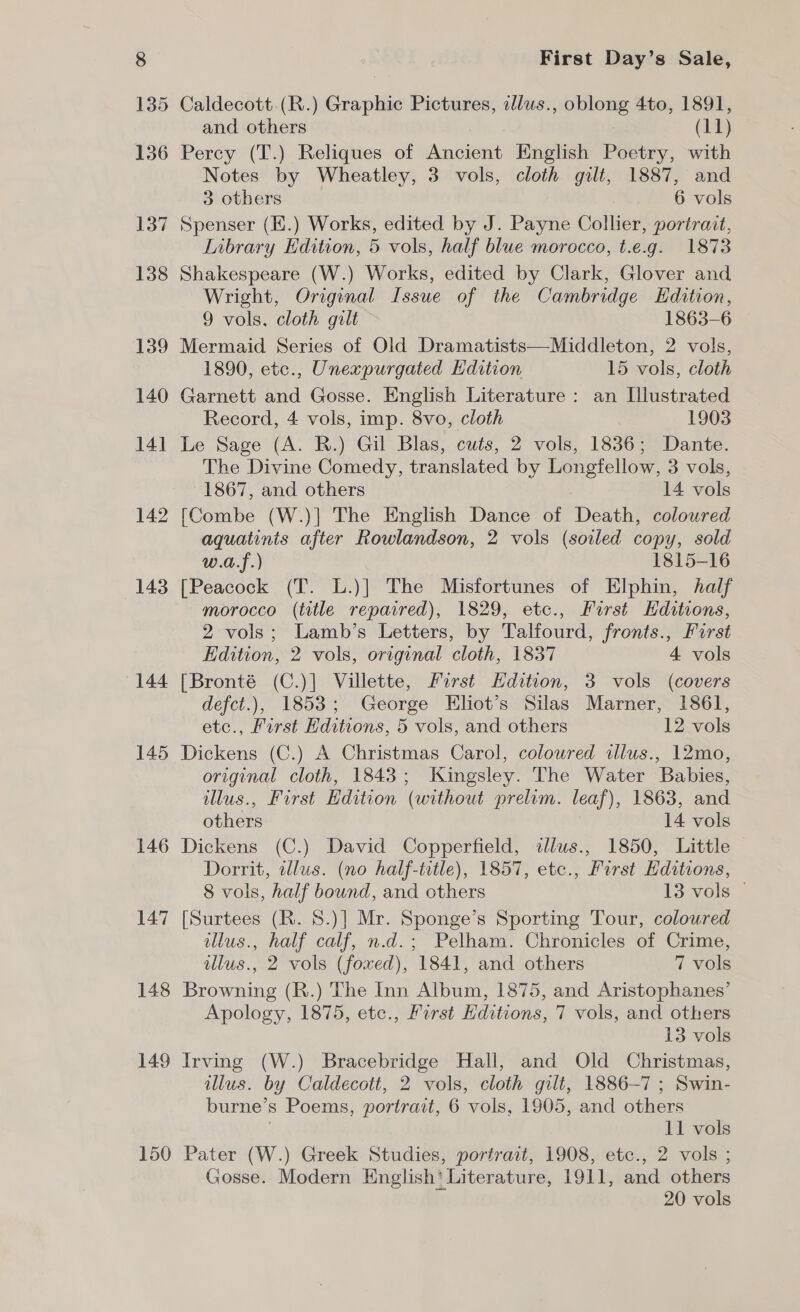 143 (144 145 146 147 148 149 150 First Day’s Sale, Caldecott.(R.) Graphic Pictures, alus., oblong 4to, 1891, and others : (11) Percy (T.) Reliques of Ancient English Poetry, with Notes by Wheatley, 3 vols, cloth gilt, 1887, and 3 others 6 vols Spenser (E.) Works, edited by J. Payne Collier, portrait, Inbrary Edition, 5 vols, half blue morocco, t.e.g. 1873 Shakespeare (W.) Works, edited by Clark, Glover and Wright, Original Issue of the Cambridge Edition, 9 vols, cloth gilt © 1863-6 Mermaid Series of Old Dramatists—Middleton, 2 vols, 1890, etc., Unexpurgated Edition 15 vols, cloth Garnett and Gosse. English Literature : an Illustrated Record, 4 vols, imp. 8vo, cloth 1903 Le Sage (A. R.) Gil Blas, cuts, 2 vols, 1836; Dante. The Divine Comedy, translated by Longfellow, 3 vols, 1867, and others 14 vols [Combe (W.)] The English Dance of Death, coloured aquatinis after Rowlandson, 2 vols (soiled copy, sold w.a.f.) 1815-16 [Peacock (T. L.)] The Misfortunes of Elphin, half morocco (title repaired), 1829, etc., First Editions, 2 vols; Lamb’s Letters, by Talfourd, fronts., First Edition, 2 vols, original cloth, 1837 4 vols [Bronté (C.)] Villette, First Hdition, 3 vols (covers defct.), 1853; George Eliot’s Silas Marner, 1861, etc., First Hditions, 5 vols, and others 12 vols Dickens (C.) A Christmas Carol, coloured illus., 12mo, original cloth, 1843; Kingsley. The Water Babies, illus., First Edition (without prelim. leaf), 1863, and others 14 vols Dickens (C.) David Copperfield, dlus., 1850, Little Dorrit, illus. (no half-title), 1857, etc., First Editions, 8 vols, half bound, and others 13 vols © [Surtees (R. 8.)] Mr. Sponge’s Sporting Tour, coloured illus., half calf, n.d.; Pelham. Chronicles of Crime, illus., 2 vols (foxed), 1841, and others 7 vols Browning (R.) The Inn Album, 1875, and Aristophanes’ Apology, 1875, etc., First Editions, 7 vols, and others 13 vols Irving (W.) Bracebridge Hall, and Old Christmas, illus. by Caldecott, 2 vols, cloth gilt, 1886-7 ; Swin- burne’s Poems, portrait, 6 vols, 1905, and others 11 vols Pater (W.) Greek Studies, portrait, 1908, etc., 2 vols ; Gosse. Modern English’ Literature, 1911, and others 20 vols