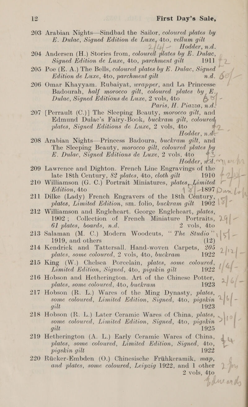 208 209 210 211 212 213 214 215 216 217 218 219 220 First Day’s Sale, Arabian Nights—Sindbad the Sailor, coloured plates by E. Dulac, Signed Edition de eres 4to, vellum gilt ljfj— Hodder, nd. Andersen (H.) Stories from, cologee plates by E. Dulac, Badourah, half morocco gilt, coloured plates by Hy Dulac, Signed Editions de Luxe, 2 vols, 4to Paris, H. Piazza, fiat [Perrault (C.)] The Sleeping Beauty, morocco gilt, and Edmund Dulac’s Fairy-Book, buckram gilt, gS plates, Signed Editions de Luxe, 2 vols, 4to Hodder, n. a Arabian Nights—-Princess Badoura, buckram gilt, and The Sleeping Beauty, morocco gilt, coloured plates by Lawrence and Dighton. French Line Engravings of the late 18th Century, 82 plates, 4to, cloth gilt 1910 ' —_ i 5 Lo St Dilke (Lady) French Engravers of the 18th hibits Williamson and Engleheart. George Engleheart, plates, 1902; Collection of French Miniature Portraits, 61 plates, boards, n.d. 2 vols, 4to 1919, and others (12) Kendrick and Tattersall. Hand-woven Carpets, 205 plates, some coloured, 2 vols, 4to, buckram 1922 King (W.) Chelsea Porcelain, plates, some coloured, Limited Hdition, Signed, 4to, pigskin gilt 1922 Hobson and Hetherington. Art of the Chinese Potter, plates, some coloured, 4to, buckram 1923 some coloured, Limited Edition, Signed, 4to, pigskin gilt 1923 Hobson (R. L.) Later Ceramic Wares of China, plates, some coloured, Limited Edition, Signed, 4to, pigskin gilt 1925 Hetherington (A. L.) Early Ceramic Wares of China, plates, some coloured, Limited Edition, Signed, 4to, prgskin gilt 1922 Ricker-Embden (O.) Chinesische Frithkeramik, map, and plates, some coloured, Leipzig 1922, and 1 other 2 vols, “ye 