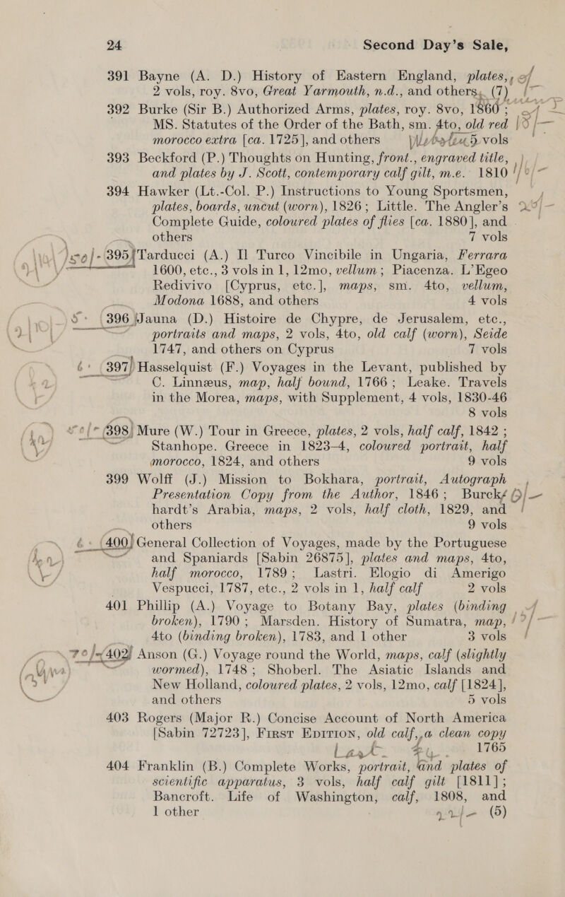 391 Bayne (A. D.) History of Eastern England, sh 2 vols, roy. 8vo, Great Yarmouth, n.d., and others, Ue 392 Burke (Sir B.) Authorized Arms, plates, roy. 8vo, 1860: morocco extra [ca. 1725], and others Wet feu. vols 393 Beckford (P.) Thoughts on Hunting, front., engraved title, 394 Hawker (Lt.-Col. P.) Instructions to Young Sportsmen, plates, boards, uncut (worn), 1826; Little. The Angler’s others 7 vols \o\ )ete/- 395{Tarducci (A.) Il Turco Vincibile in Ungaria, Ferrara Ym 1600, etc., 3 vols in 1, 12mo, vellum; Piacenza. L’Egeo Redivivo. [Cyprus, etc.], maps, sm. 4to, vellum, Modona 1688, and others 4 vols o° (396. WJauna (D.) Histoire de Chypre, de Jerusalem, etc., portraits and maps, 2 vols, 4to, old calf (worn), Seide 1747, and others on Cyprus 7 vols 6? 397) 7) Hasselquist (F.) Voyages in the Levant, published by Ria C. Linneus, map, half bound, 1766; Leake. Travels in. the Morea, maps, with Supplement, 4 vols, 1830-46 8 vols he Page (n 398] Mure (W.) Tour in Greece, plates, 2 vols, half calf, 1842 ; ai . Stanhope. Greece in 1823-4, colowred portrait, half ~ morocco, 1824, and others 9 vols — 399 Wolff (J.) Mission to Bokhara, portrait, Autograph H 4 hardt’s Arabia, maps, 2 vols, half cloth, 1829, and G (400) General Collection of Voyages, made by the Portuguese | Oe ald — and Spaniards [Sabin 26875], plates and maps, 4to, i half morocco, 1789; Lastri. Elogio di Amerigo Vespucci, 1787, etc., 2 vols in 1, half calf 2 vols 401 Phillip (A.) Voyage to Botany Bay, plates (binding broken), 1790; Marsden. History of Sumatra, map, 4to (binding broken), 1783, and 1 other 3 vols oe 70 ° / 402) Anson (G.) Voyage round the World, maps, calf (slightly (VAN) wormed), 1748; Shoberl. The Asiatic Islands and \ 24 New Holland, coloured plates, 2 vols, 12mo, calf [1824], ~ and others 5 vols 403 Rogers (Major R.) Concise Account of North America [Sabin 72723], First Eprrion, old calf,,a clean copy bypass $y 1765 404 Franklin (B.) Cnhalets Works, portrait, and “plates of scientific apparatus, 3 vols, half calf gilt [1811]; Bancroft. Life of Washington, calf, 1808, oad 1 other : arf (5) ; ¥P