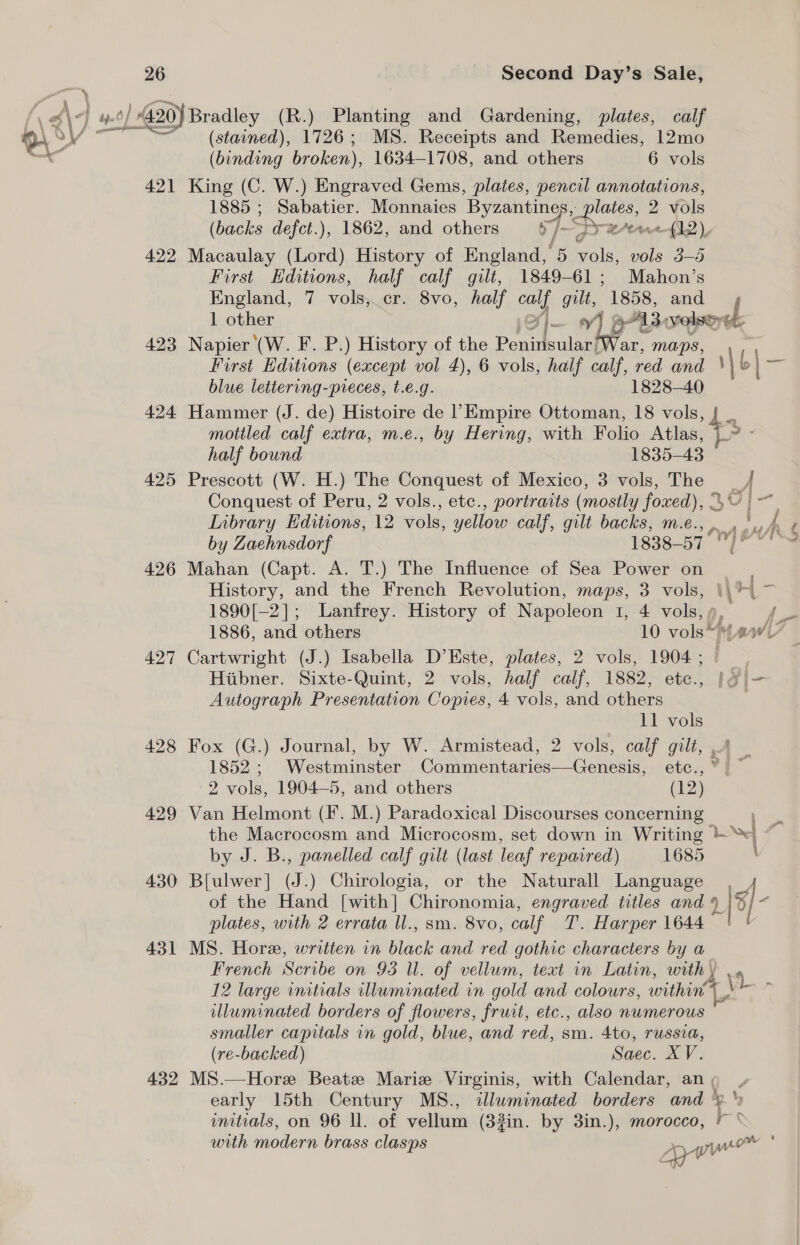 (stained), 1726; MS. Receipts and Remedies, 12mo (binding broken), 1634-1708, and others 6 vols 421 King (C. W.) Engraved Gems, plates, pencil annotations, 1885 ; Sabatier. Monnaies Byzantine 1es, aes 2 vols 422 Macaulay (Lord) History of England, 5 vols, vols 3-5 First Hditions, half calf gilt, 1849-61; Mahon’s England, 7 vols, cr. 8vo, half calf gilt, “1858, and 423 Napier (W. F. P.) History of the Pou ‘War, maps, First Editions (except vol 4), 6 vols, half calf, red and blue lettering-pieces, t.e€.g. 1828-40 424 Hammer (J. de) Histoire de 1 Empire Ottoman, 18 vols, mottled calf extra, m.e., by Hering, with Folio Atlas, half bound 1835-43 425 Prescott (W. H.) The Conquest of Mexico, 3 vols, The Inbrary Editions, 12 vols, yellow calf, gilt backs, m.e., by Zaehnsdorf 1838-57 426 Mahan (Capt. A. T.) The Influence of Sea Power on History, and the French Revolution, maps, 3 vols, 427 Cartwright (J.) Isabella D’Este, plates, 2 vols, 1904 ; Hiibner. Sixte-Quint, 2 vols, half calf, 1882, etc., Autograph Presentation Copies, 4 vols, and others 11 vols os Casi bd : a 1852; Westminster G@ommicniance Cente etc., 2 vols, 1904-5, and others (12) 429 Van Helmont (F. M.) Paradoxical Discourses concerning the Macrocosm and Microcosm, set down in Writing by J. B., panelled calf gilt (last leaf repavred) 1685 430 B[ulwer] (J.) Chirologia, or the Naturall Language of the Hand [with] Chironomia, engraved titles and plates, with 2 errata ll., sm. 8vo, calf T. Harper 1644 431 MS. Hore, written in bike and red gothic characters by a uluminated borders of flowers, fruit, etc., also numerous smaller capitals in gold, blue, and red, sm. 4to, russia, (re-backed) Saec. XV. 432 MS.—Hore Beatz Marie Virginis, with Calendar, an , early 15th Century MS., «dluminated borders ena’ initials, on 96 Il. of vellum (33in. by 3in.), morocco, i ~ Gan