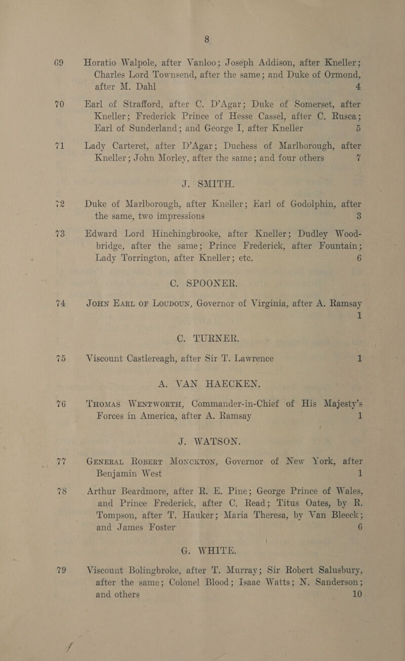 69 70 =? ca) 74 76 09 8 Horatio Walpole, after Vanloo; Joseph Addison, after Kneller ; Charles Lord Townsend, after the same; and Duke of Ormond, after M. Dahl 4 Earl of Strafford, after C. D’Agar; Duke of Somerset, after Kneller; Frederick Prince of Hesse Cassel, after C, Rusca; Earl of Sunderland; and George I, after Kneller 5 Lady Carteret, after D’Agar; Duchess of Marlborough, after Kneller; John Morley, after the same; and four others 7 J. Seal VE: Duke of Marlborough, after Kneller; Earl of Godolphin, after the same, two impressions 3 Ndward Lord Hinchingbrooke, after Kneller; Dudley Wood- bridge, after the same; Prince Frederick, after Fountain; Lady Torrington, after Kneller; etc. 6 C. SPOONER. JoHN Hart or Loupoun, Governor of Virginia, after A. Ramsay nl C. TURNER. Viscount Castlereagh, after Sir T. Lawrence 1 A. VAN HAECKEN, THomAS WENTWORTH, Commander-in-Chief of His Majesty’s Forces in America, after A. Ramsay 1 J. WATSON. GENERAL Ropert Monckton, Governor of New York, after Benjamin West 1 Arthur Beardmore, after R. E. Pine; George Prince of Wales, and Prince Frederick, after C. Read; Titus Oates, by R. Tompson, after T. Hauker; Maria Theresa, by Van Bleeck ; and James Foster 6 G. WHITE. Viscount Bolingbroke, after T. Murray; Sir Robert Salusbury, after the same; Colonel Blood; Isaac Watts; N. Sanderson ; and others 10