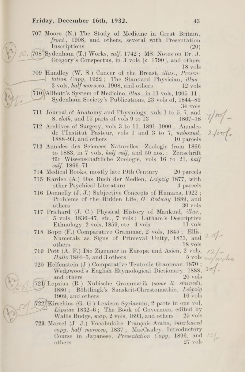 707 Moore (N.) The Study of Medicine in Great Britain, front., 1908, and others, several with Presentation As) , Inscriptions (20) ) - 108 Sydenham ( (T.) Works, calf, 1742 ; MS. Notes on Dr. J. 7 — Gregory’s Conspectus, in 3 vols [c. 1790], and others 18 vols | ae) Pane e (W. 8.) Cancer of the Breast, illus., Presen- tation Copy, 1922; The Standard Physician, tllus., —— 3 vols, half morocco, 1908, and others 12 vols 710) )Allbutt’s System of Medicine, illws., in 11 vols, 1905-11 ; i 4, +A Sydenham Society’s Publications, 23 vols of, 1844-89 le 34 vols 711 Journal of Anatomy and Physiology, vols 1 to 5, 7, and 8, cloth, and 15 parts of vols 9 to 13 1867-78 712 Archives of Surgery, vols 3 to 11, 1891-1900 ; Annales de l’Institut Pasteur, vols 1 and 3 to 7, unbound, 1888-93, and others 10 parcels 713 Annales des Sciences Natureiles—Zoologie from 1866 to 1883, in 7 vols, half calf, and 50 nos.; Zeitschrift fiir Wissenschaftliche Zoologie, vols 16 to 21, half calf, 1866—71 714 Medical Books, mostly late 19th Century 20 parcels 715 Kardec (A.) Das Buch der Medien, Leipzig 1877, with other Psychical Literature 4 parcels 716 Donnelly (J. J.) Subjective Concepts of Humans, 1922 ; Problems of the Hidden Life, G. Redway 1889, and others 30 vols 717 Prichard (J. C.) Physical History of Mankind, illus., 5 vols, 1836-47, etc., 7 vols; Latham’s Descriptive Ethnology, 2 vols, 1859, etc., 4 vols 11 vols 718 Bopp (F.) Comparative Grammar, 2 vols, 1845; Ellis. others 18 vols 719 Pott (A. F.) Die Zigeuner in Europa und Asien, 2 vols, 720 Helfenstein (J.) Comparative Teutonic Grammar, 1870 ; Wedgwood’s English Etymological Dictionary, 1888, iG | and others 20 vols = fray Lepsius (R.) Nubische Grammatik (some Il. stained), oe 1880; Boéhtlingk’s Sanskrit-Chrestomathie, Leipzig ‘1.4, OUD, ‘mae others 16 vols . wf 722) Kirschius (G. G.) Lexicon Syriacum, 2 parts in one vol, Lay’ Si “= Lipsiae 1832-6; The Book of Governors, edited by \: = Wallis Budge, map, 2 vols, 1893, and others 25 vols 723 Marcel (J. J.) Vocabulaire Francais-Arabe, interleaved copy, half morocco, 1837; MacCauley. Introductory Course in Japanese, Presentation Copy, 1896, and others 27 vols } / be fo / f / { —_ ef Z of a