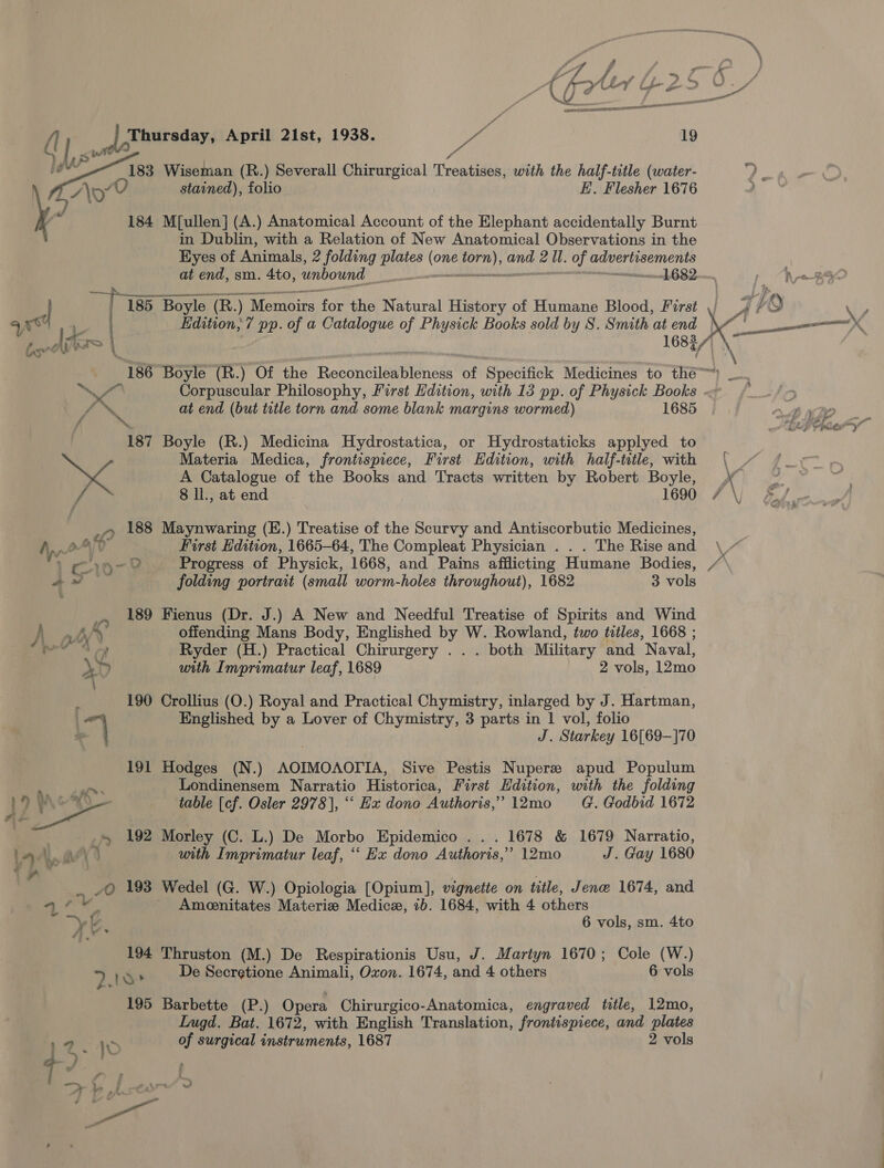 feu   183 Wiseman (R.) Severall Chirurgical Thremtiden: with the half-title (water- . h set stained), folio HK, Flesher 1676 dv ta 184 M[ullen] (A.) Anatomical Account of the Elephant accidentally Burnt in Dublin, with a Relation of New Anatomical Observations in the Eyes of Animals, 2 folding ares gees CoN bh 2 Ul. of ee at end, sm. 4to, unbound pode L682 L Edition; 7 pp. of a Catalogue of Physick Books sold by S. Smith at end } : 1687/' ie  By Ey Corpuscular Philosophy, First Edition, with 13 pp. of Physick Books - fo Pre at end (but title torn and some blank margins wormed) 1685 187 Boyle (R.) Medicina Hydrostatica, or Hydrostaticks applyed to Materia Medica, frontispiece, First Edition, with half-title, with ip A Catalogue of the Books and Tracts written by Robert Boyle, 8 ll., at end 1690 sO 188 Maynwaring (E.) Treatise of the Scurvy and Antiscorbutic Medicines, “ athe folding portrait (small worm-holes throughout), 1682 3 vols 189 Fienus (Dr. J.) A New and Needful Treatise of Spirits and Wind } abn’ offending Mans Body, Englished by W. Rowland, two titles, 1668 ; AF ; Ryder (H.) Practical Chirurgery ... both Military and Naval, D with Imprimatur leaf, 1689 2 vols, 12mo 190 Crollius (O.) Royal and Practical Chymistry, inlarged by J. Hartman, | Englished by a Lover of Chymistry, 3 parts in 1 vol, folio 7} J. Starkey 16[69—]70 191 Hodges (N.) AOIMOAOTTIA, Sive Pestis Nupere apud Populum os Londinensem Narratio Historica, First Hdition, with the folding by, XQ table [cf. Osler 2978], “‘ Ex dono Authoris,” 12mo G@. Godbid 1672 | in 192 Morley (C. L.) De Morbo Epidemico . . . 1678 &amp; 1679 Narratio, aA. ie ‘&lt; with Imprimatur leaf, ‘‘ Hx dono Authoris, *? 12mo J. Gay 1680 /O 193 Wedel (G. W.) Opiologia [Opium], vignette on title, Jene 1674, and = -# Me _ Ameenitates Materize Medice, ib. 1684, with 4 others “Yk, 6 vols, sm. 4to 194 Thruston (M.) De Respirationis Usu, J. Martyn 1670; Cole (W.) 7 roo De Secretione Animali, Oxon. 1674, ae 4 others 6 vols 195 Barbette (P.) Opera Chirurgico-Anatomica, engraved title, 12mo, LIugd. Bat. 1672, with English Translation, frontispiece, and plates P20 of surgical instruments, 1687 2 vols s e