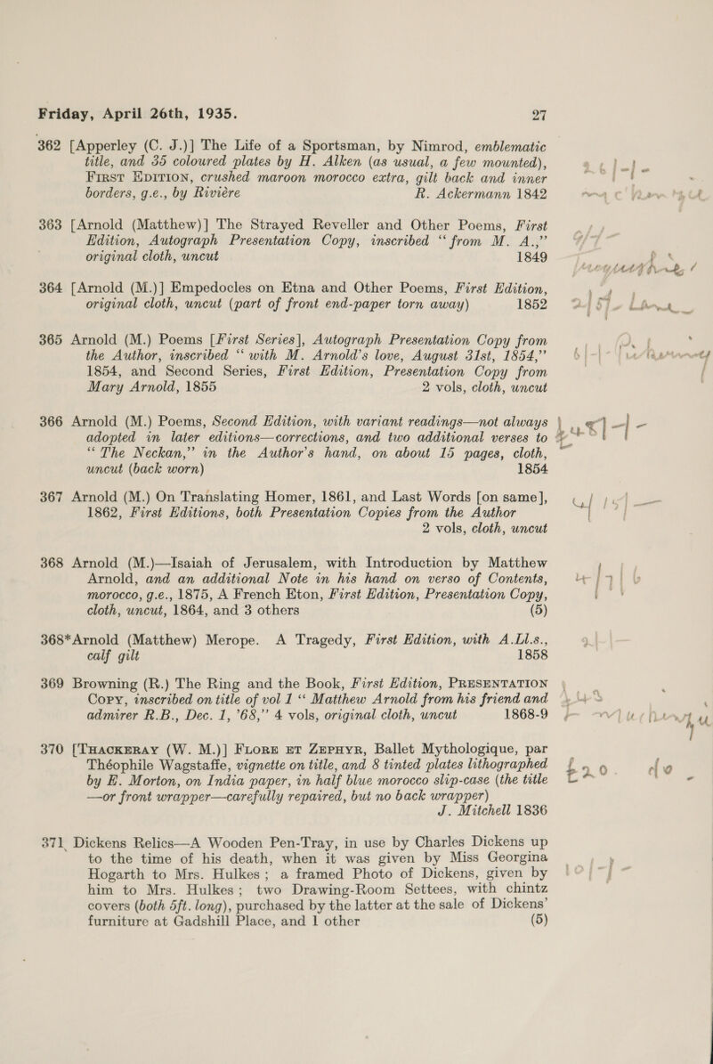 362 [Apperley (C. J.)] The Life of a Sportsman, by Nimrod, emblematic title, and 35 coloured plates by H. Alken (as usual, a few mounted), First EpIrion, crushed maroon morocco extra, gilt back and inner borders, g.e., by Riviere R. Ackermann 1842 363 [Arnold (Matthew)] The Strayed Reveller and Other Poems, First Edition, Autograph Presentation Copy, inscribed “from M. A.,” original cloth, uncut 1849 364 [Arnold (M.)] Empedocles on Etna and Other Poems, First Hdition, original cloth, uncut (part of front end-paper torn away) 1852 365 Arnold (M.) Poems [First Series], Autograph Presentation Copy from the Author, inscribed “ with M. Arnold’s love, August 31st, 1854,” 1854, and Second Series, First Hdition, Presentation Copy from Mary Arnold, 1855 2 vols, cloth, uncut adopted in later editions—corrections, and two additional verses to “The Neckan,” in the Author's hand, on about 15 pages, cloth, uncut (back worn) 1854 367 Arnold (M.) On Translating Homer, 1861, and Last Words [on same], 1862, First Editions, both Presentation Copies from the Author 2 vols, cloth, uncut 368 Arnold (M.)—Isaiah of Jerusalem, with Introduction by Matthew Arnold, and an additional Note in his hand on verso of Contents, morocco, g.e., 1875, A French Eton, First Edition, Presentation Copy, cloth, uncut, 1864, and 3 others (5) 368*Arnold (Matthew) Merope. A Tragedy, First Edition, with A.LI.s., calf gilt 1858 369 Browning (R.) The Ring and the Book, First Edition, PRESENTATION Cory, inscribed on title of vol 1 ‘‘ Matthew Arnold from his friend and admirer R.B., Dec. 1, 68,” 4 vols, original cloth, uncut 1868-9 370 [THackERAY (W. M.)]| FLore ert Zupuyr, Ballet Mythologique, par Théophile Wagstaffe, vignette on title, and 8 tinted plates lithographed by EL. Morton, on India paper, in half blue morocco slip-case (the title —or front wrapper—carefully repaired, but no back wrapper) J. Mitchell 1836 871. Dickens Relics—A Wooden Pen-Tray, in use by Charles Dickens up to the time of his death, when it was given by Miss Georgina Hogarth to Mrs. Hulkes; a framed Photo of Dickens, given by him to Mrs. Hulkes; two Drawing-Room Settees, with chintz covers (both 5ft. long), purchased by the latter at the sale of Dickens’ furniture at Gadshill Place, and 1 other (5) s |
