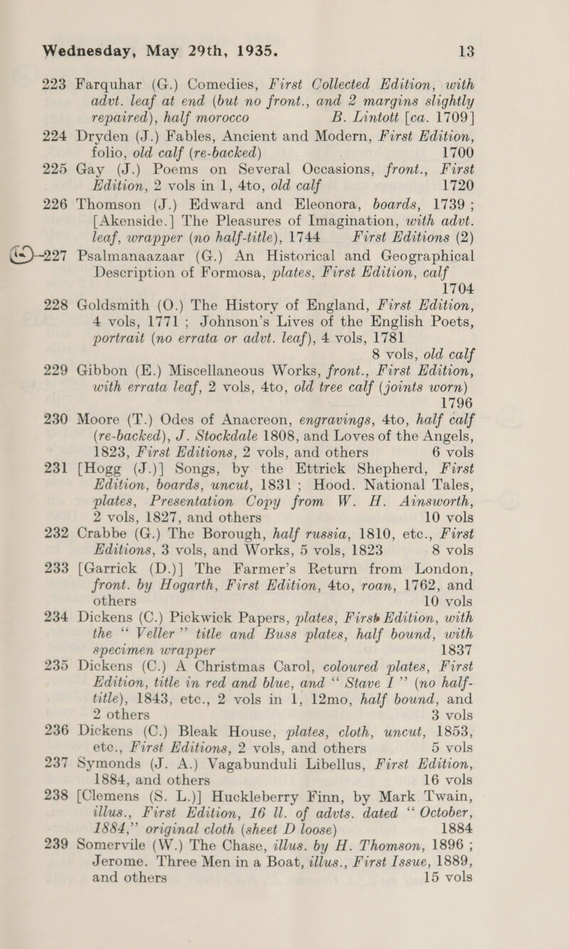 223 224 225 226 (&lt;)227 228 229 230 231 239 Farquhar (G.) Comedies, First Collected Edition, with advt. leaf at end (but no front., and 2 margins slightly repaired), half morocco B. Inntott (ca. 1709 ] Dryden (J.) Fables, Ancient and Modern, First Edition, folio, old calf (re-backed) 1700 Gay (J.) Poems on Several Occasions, front., First Edition, 2 vols in 1, 4to, old calf 1720 Thomson (J.) Edward and Eleonora, boards, 1739 ; [Akenside.] The Pleasures of Imagination, with advt. leaf, wrapper (no half-title), 1744 First Editions (2) Psalmanaazaar (G.) An Historical and Geographical Description of Formosa, plates, First Edition, calf 1704 Goldsmith (O.) The History of England, First Hdition, 4 vols, 1771 ; Johnson’s Lives of the English Poets, portrait (no errata or advt. leaf), 4 vols, 1781 8 vols, old calf Gibbon (E.) Miscellaneous Works, front., First Edition, with errata leaf, 2 vols, 4to, old tree calf (joints worn) 179 Moore (T.) Odes of Anacreon, engravings, 4to, half calf (re-backed), J. Stockdale 1808, and Loves of the Angels, 1823, First Editions, 2 vols, and others 6 vols [Hogg (J.)] Songs, by the Ettrick Shepherd, First Edition, boards, uncut, 1831 ; Hood. National Tales, plates, Presentation Copy from W. H. Ainsworth, 2 vols, 1827, and others 10 vols Crabbe (G.) The Borough, half russia, 1810, etc., First Editions, 3 vols, and Works, 5 vols, 1823 8 vols [Garrick (D.)] The Farmer’s Return from London, front. by Hogarth, First Edition, 4to, roan, 1762, and others 10 vols Dickens (C.) Pickwick Papers, plates, First Hdition, with the “‘ Veller”’ title and Buss plates, half bound, with specimen wrapper 1837 Edition, title in red and blue, and “‘ Stave I’ (no half- title), 1843, ete., 2 vols in 1, 12mo, half bound, and 2 others 3 vols Dickens (C.) Bleak House, plates, cloth, uncut, 1853, etc., First Editions, 2 vols, and others 5 vols Symonds (J. A.) Vagabunduli Libellus, First Edition, 1884, and others 16 vols [Clemens (8S. L.)] Huckleberry Finn, by Mark Twain, illus., First Edition, 16 ll. of advts. dated ‘‘ October, 1884,” original cloth (sheet D loose) 1884 Somervile (W.) The Chase, illus. by H. Thomson, 1896 ; Jerome. Three Men in a Boat, illus., First Issue, 1889, and others 15 vols
