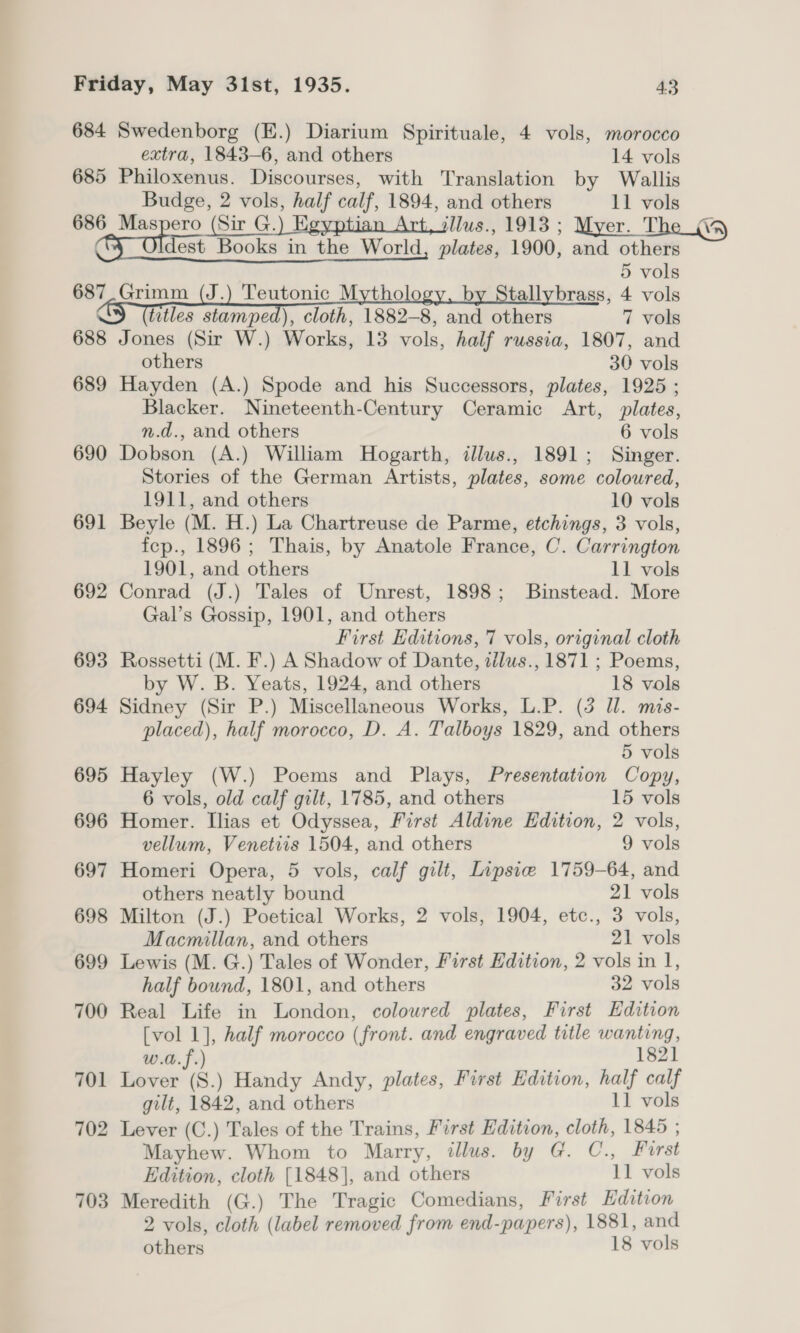 684 Swedenborg (E.) Diarium Spirituale, 4 vols, morocco extra, 1843-6, and others 14 vols 685 Philoxenus. Discourses, with Translation by Wallis Budge, 2 vols, half calf, 1894, and others 11 vols 686 Maspero (Sir G.) Egyptian Art, sllus., 1913 ; Myer. The (va G Oldest Books in the World, plates, 1900, and others 5 vols 687_Grimm (J.) Teutonic Mytholo by Stallybrass, 4 vols &amp; (titles stamped), cloth, 1882-8, and others 7 vols 688 Jones (Sir W.) Works, 13 vols, half russia, 1807, and others 30 vols 689 Hayden (A.) Spode and his Successors, plates, 1925 ; Blacker. Nineteenth-Century Ceramic Art, plates, n.d., and others 6 vols 690 Dobson (A.) William Hogarth, illus., 1891; Singer. Stories of the German Artists, plates, some coloured, 1911, and others 10 vols 691 Beyle (M. H.) La Chartreuse de Parme, etchings, 3 vols, fep., 1896; Thais, by Anatole France, C. Carrington 1901, and others 11 vols 692 Conrad (J.) Tales of Unrest, 1898; Binstead. More Gal’s Gossip, 1901, and others First Editions, 7 vols, original cloth 693 Rossetti (M. F.) A Shadow of Dante, zdlus., 1871 ; Poems, by W. B. Yeats, 1924, and others 18 vols 694 Sidney (Sir P.) Miscellaneous Works, L.P. (3 Il. mis- placed), half morocco, D. A. Talboys 1829, and others 5 vols 695 Hayley (W.) Poems and Plays, Presentation Copy, 6 vols, old calf gilt, 1785, and others 15 vols 696 Homer. Ilias et Odyssea, First Aldine Edition, 2 vols, vellum, Venetiis 1504, and others 9 vols 697 Homeri Opera, 5 vols, calf gilt, Lipsie 1759-64, and others neatly bound 21 vols 698 Milton (J.) Poetical Works, 2 vols, 1904, etc., 3 vols, Macmillan, and others 21 vols 699 Lewis (M. G.) Tales of Wonder, First Edition, 2 vols in 1, half bound, 1801, and others 32 vols 700 Real Life in London, coloured plates, First Edition [vol 1], half morocco (front. and engraved title wanting, w.a.f.) 1821 701 Lover (S.) Handy Andy, plates, First Edition, half calf gilt, 1842, and others 11 vols 702 Lever (C.) Tales of the Trains, First Edition, cloth, 1845 ; Mayhew. Whom to Marry, illus. by G. C., Furst Edition, cloth [1848], and others 11 vols 703 Meredith (G.) The Tragic Comedians, First Edition 2 vols, cloth (label removed from end-papers), 1881, and others 18 vols