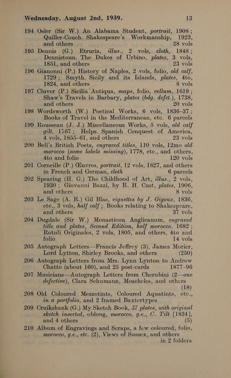 195 196 197. 198 199 200 Osler (Sir W.) An Alabama Student,. portrait, 1908 ; Quiller-Couch. Shakespeare’s Workmanship, 1923, and others : : 28 vols Dennis (G.) Etruria, illus., 2 vols, cloth, 1848; Dennistoun. The Dukes of Urbino, plates, 3 vols, 1851, and others 23 vols Gianonni (P.) History of Naples, 2 vols, folio, old calf, 1729; Smyth. Sicily and its Islands, plates, 4to, 1824, and others 8 vols Cluver (P.) Sicilia Antiqua, maps, folio, vellum, 1619 ; Shaw’s Travels in Barbary, plates (bdg..defct.), 1738, and others 20 vols Wordsworth (W.) Poetical Works, 6 vols, 1836-37 ; Books of Travel in the Mediterranean, etc. 6 parcels Rousseau (J. J.) Miscellaneous Works, 5 vols, old calf gilt, 1767; Helps. Spanish Conquest of America, 4 vols, 1855-61, and others 23 vols Bell’s British Poets, engraved titles, 110 vols, 12mo old morocco (some labels missing), 1778, etc., and others, 4to and folio 120 vols Corneille (P.) GHuvres, portrait, 12 vols, 1827, and others in French and German, cloth 6 parcels 1930 ; Giovanni Bazzi, by R. H. Cust, plates, 1906, and others 8 vols Le Sage (A. R.) Gil Blas, vignettes by J. Gigoux, 1836, etc., 3 vols, half calf ; Books relating to Shakespeare, and others 37 vols Dugdale (Sir W.) Monasticon Anglicanum, engraved title and plates, Second Edition, half morocco, 1682 ; Rotuli Originales, 2 vols, 1805, and others, 4to and folio 14 vols Autograph Letters—Francis Jeffrey (3), James Morier, Lord Lytton, Shirley Brooks, and others (250) Autograph Letters from Mrs. Lynn Lynton to Andrew Chatto (about 160), and 25 post-cards 1877-96 Musicians—Autograph Letters from Cherubini (2—one defective), Clara Schumann, Moscheles, and others (18) Old Coloured Mevtotinte Coloured Aquatints, etc., in a portfolio, and 2 framed Baxtertypes Cruikshank (G.) My Sketch Book, 37 plates, with original sketch inserted, oblong, morocco, g.e., C. Tilt [1834], and 4 others (5) Album of Engravings and ee: a few coloured, folio, morocco, g.e., etc. (2), Views of Sussex, and others