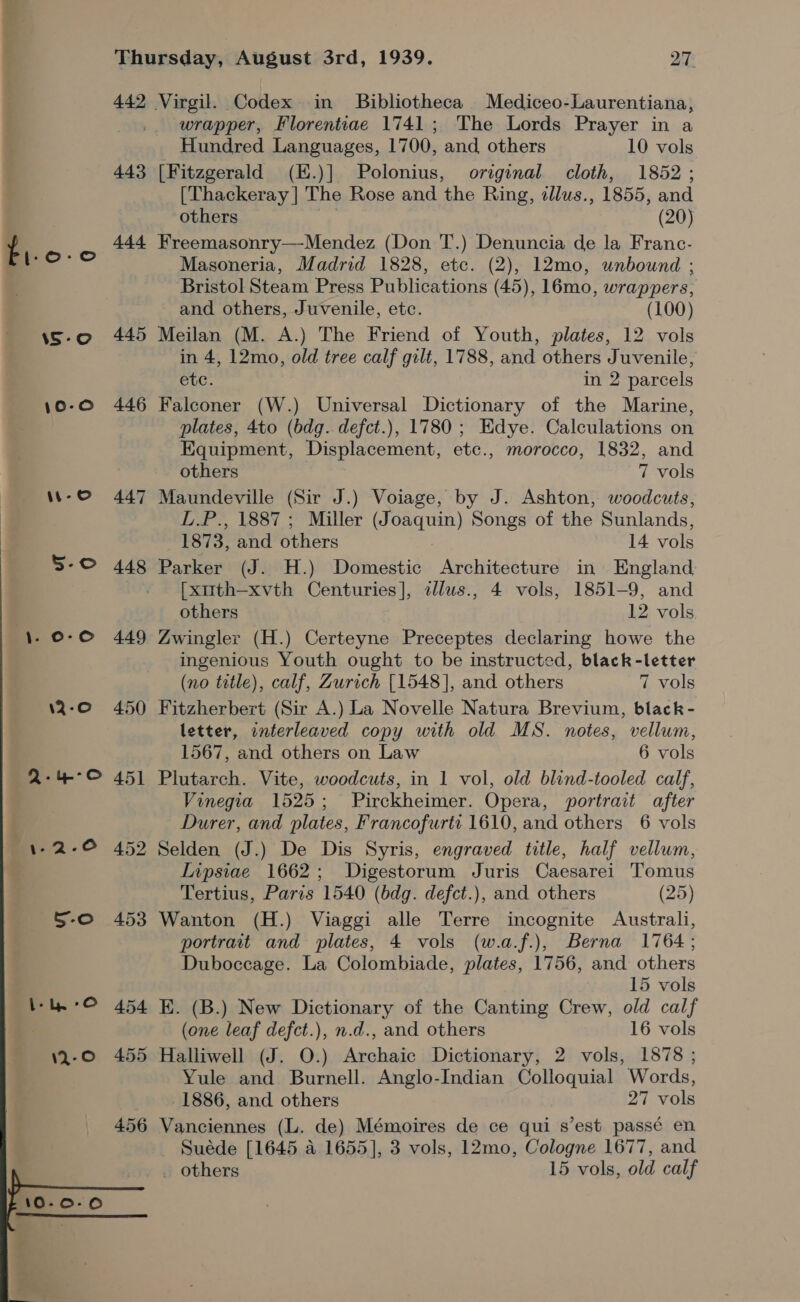 Ty Ei.o.° ‘S-oO 442 443 f44+ 445 446  wrapper, Florentiae 1741; The Lords Prayer in a Hundred Languages, 1700, and, others 10 vols [Fitzgerald (E.)] Polonius, original cloth, 1852; [Thackeray] The Rose and ‘the Ring, illus., 1855, and others (20) Freemasonry—Mendez (Don T.) Denuncia de la Franc- Masoneria, Madrid 1828, ete. (2), 12mo, unbound ; Bristol Steam Press Publications (45), 16mo, wrappers, and others, Juvenile, etc. (100) Meilan (M. A.) The Friend of Youth, plates, 12 vols in 4, 12mo, old tree calf gilt, 1788, and others Juvenile, ete. in 2 parcels Falconer (W.) Universal Dictionary of the Marine, plates, 4to (bdg. defct.), 1780 ; Edye. Calculations on Equipment, Displacement, etc., morocco, 1832, and others 7 vols Maundeville (Sir J.) Voiage, by J. Ashton, woodcuts, L.P., 1887; Miller (J gage) Songs of the Sunlands, 1873, and others 14 vols Parker (J. H.) Domestic Architecture in England [xt1th-xvth Centuries], alus., 4 vols, 1851-9, and others 12 vols Zwingler (H.) Certeyne Preceptes declaring howe the ingenious Youth ought to be instructed, black-letter (no title), calf, Zurich [1548], and others 7 vols Pechethart (Sir A.) La Novelle Natura Brevium, black - letter, interleaved copy with old MS. notes, vellum, 1567, and others on Law 6 vols Plutarch. Vite, woodcuts, in 1 vol, old blind-tooled calf, Vinegia 1525; Pirckheimer. Opera, portrait after Durer, and plates, Francofurtt 1610, and others 6 vols Selden (J.) De Dis Syris, engraved title, half vellum, Lipsiae 1662; Digestorum Juris Caesarei Tomus Tertius, Paris 1540 (bdg. defct.), and others (25) Wanton (H.) Viaggi alle Terre incognite Australi, portrait and plates, 4 vols (w.a.f.), Berna 1764; Duboccage. La Colombiade, plates, 1756, and others 15 vols E. (B.) New Dictionary of the Canting Crew, old calf (one leaf defct.), n.d., and others 16 vols Yule and Burnell. Anglo-Indian Colloquial Words, 1886, and others 27 vols Vanciennes (L. de) Mémoires de ce qui s’est passé en Suéde [1645 4.1655], 3 vols, 12mo, Cologne 1677, and _ others 15 vols, old calf
