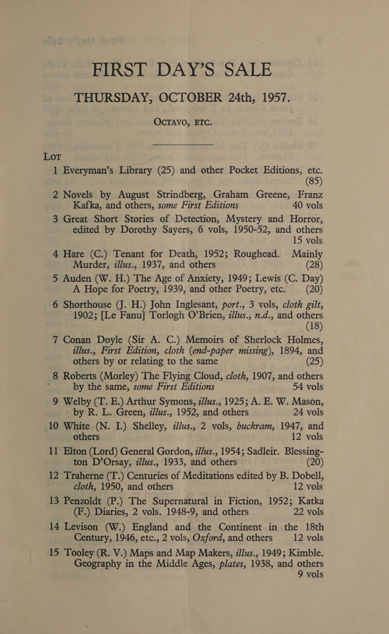 __ FIRST DAY’S SALE op aang OCTOBER 24th, 1957. Ocravo; ETC. Lot B Everyman’s Library (25) and other Pocket Editions, éic. 2 Novels by August Strindberg, Graham Greene, oe Kafka, and others, some First Editions 40 vols 3 Great Short Stories of a Mystery and Horror, edited by Dorothy Sayers, 6 vols, 1950-52, and others 15 vols 4 Hare (C.) Tenant for Death, 1952; Rougheath Mainly Murder, zJlus., 1937, and others (28) 5 Auden (W. H.) The Age of Anxiety, 1949; Lewis (C. Day) - A Hope for Poetry, 1939, and other Poetry, etc. (20) - 6 Shorthouse (J. H.) John Inglesant, port., 3 vols, cloth gilt, 1902; [Le Fanu] Torlogh O’Brien, z/lus.; n.d., and others | (18) 7 Conan Doyle (Sir AC.) Memoirs of Sherlock Holmes, illus., First Edition, cloth (end-paper missing), 1894, and others by or relating to the same ets (25) 8 Roberts (Morley) The Flying Cloud, cloth, 1907, and others by the same, some First Editions | 54 vols 9 Welby (T. E.) Arthur Symons, /Jus., 1925; A. E. W. Mason, by R. L. Green, illus., 1952, and others 24 vols 10 White (N. I.) Shelley, zl/us., 2 vols, buckram, 1947, and _. others 12 vols 11 Elton (Lord) General Gordon, zJJus., 1954; Sadleir. Blessing- ton D’Orsay, zJJus., 1933, and others at (20) 12 Traherne (T.) Centuries of Meditations edited by B. Dobell, cloth, 1950, and others 12 vols 13 Penzoldt (P.) The Supernatural in Fiction, 1952; Katka (F.) Diaries, 2 vols. 1948-9, and others 22 vols 14 Levison (W.) England and the Continent in the 18th _ Century, 1946, etc., 2 vols, Oxford, and others 12 vols 15 Tooley (R. V. ) Maps and Map Makers, zllus., 1949; Kimble. Geography in the Middle Ages, plates, 1938, and others