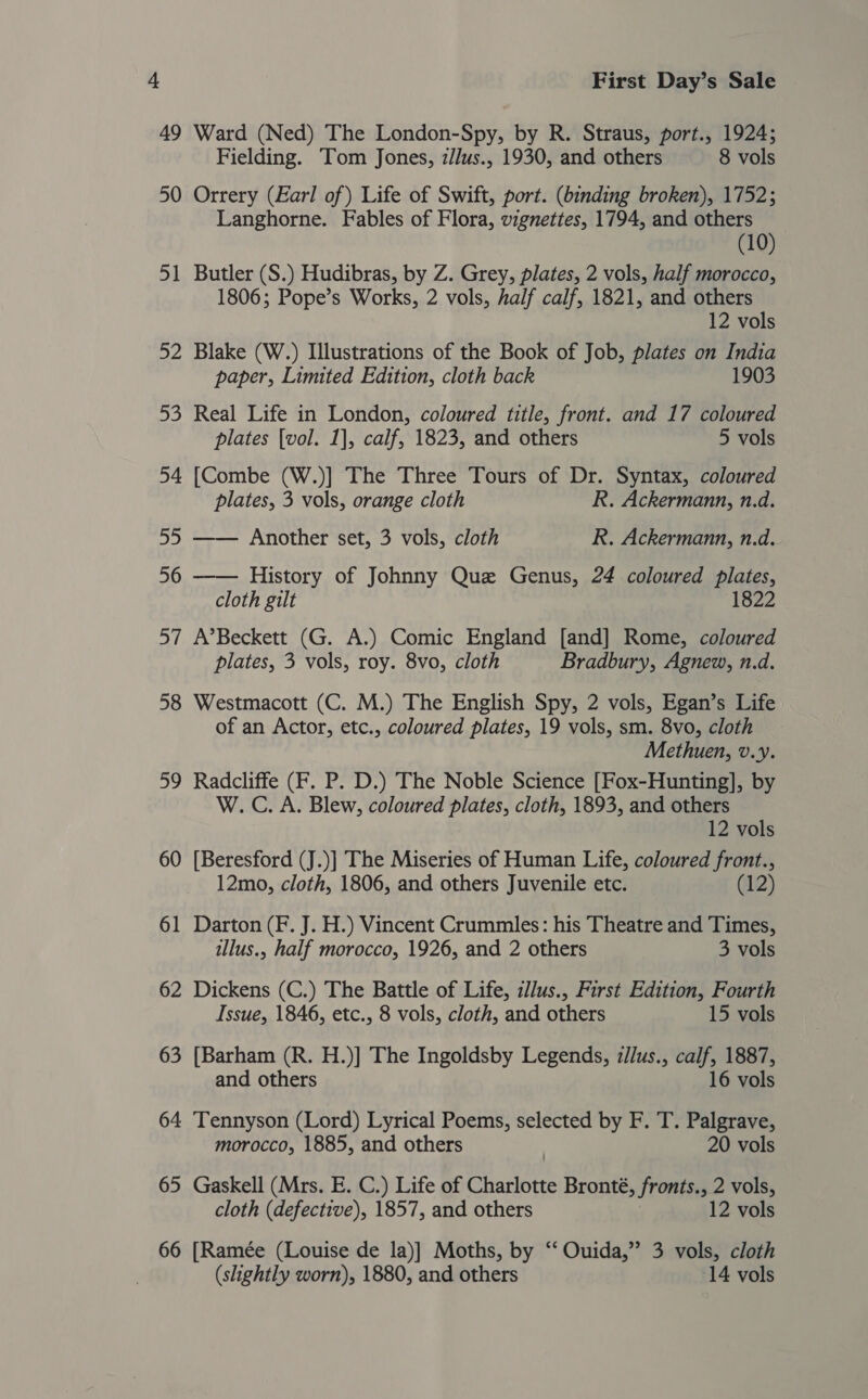 49 Ward (Ned) The London-Spy, by R. Straus, port., 1924; Fielding. Tom Jones, z//us., 1930, and others 8 vols 50 Orrery (Earl of) Life of Swift, port. (binding broken), 1752; Langhorne. Fables of Flora, vignettes, 1794, and others (10) 51 Butler (S.) Hudibras, by Z. Grey, plates, 2 vols, half morocco, 1806; Pope’s Works, 2 vols, half calf, 1821, and others 12 vols 52 Blake (W.) Illustrations of the Book of Job, plates on see paper, Limited Edition, cloth back 903 53 Real Life in London, coloured title, front. and 17 coloured plates [vol. 1], calf, 1823, and others 5 vols 54 [Combe (W.)] The Three Tours of Dr. Syntax, coloured plates, 3 vols, orange cloth R. Ackermann, n.d. 55 —— Another set, 3 vols, cloth R. Ackermann, n.d. 56 —— History of Johnny Que Genus, 24 coloured plates, cloth gilt 1822 57 A’Beckett (G. A.) Comic England [and] Rome, coloured plates, 3 vols, roy. 8vo, cloth Bradbury, Agnew, n.d. 58 Westmacott (C. M.) The English Spy, 2 vols, Egan’s Life of an Actor, etc., coloured plates, 19 vols, sm. 8vo, cloth Methuen, v.y. 59 Radcliffe (F. P. D.) The Noble Science [Fox-Hunting], by W.C. A. Blew, coloured plates, cloth, 1893, and others 12 vols 60 [Beresford (J.)] The Miseries of Human Life, coloured front., 12mo, cloth, 1806, and others Juvenile etc. (12) 61 Darton (F. J. H.) Vincent Crummles: his Theatre and Times, tllus., half morocco, 1926, and 2 others 3 vols 62 Dickens (C.) The Battle of Life, i//us., First Edition, Fourth Issue, 1846, etc., 8 vols, cloth, and others 15 vols 63 [Barham (R. H.)] The Ingoldsby Legends, z/lus., calf, 1887, and others 16 vols 64 Tennyson (Lord) Lyrical Poems, selected by F. T. Palgrave, morocco, 1885, and others | 20 vols 65 Gaskell (Mrs. E. C.) Life of Charlotte Bronté, fronts., 2 vols, cloth (defective), 1857, and others 12 vols 66 [Ramée (Louise de la)] Moths, by ‘‘ Ouida,”’ 3 vols, cloth (slightly worn), 1880, and others 14 vols