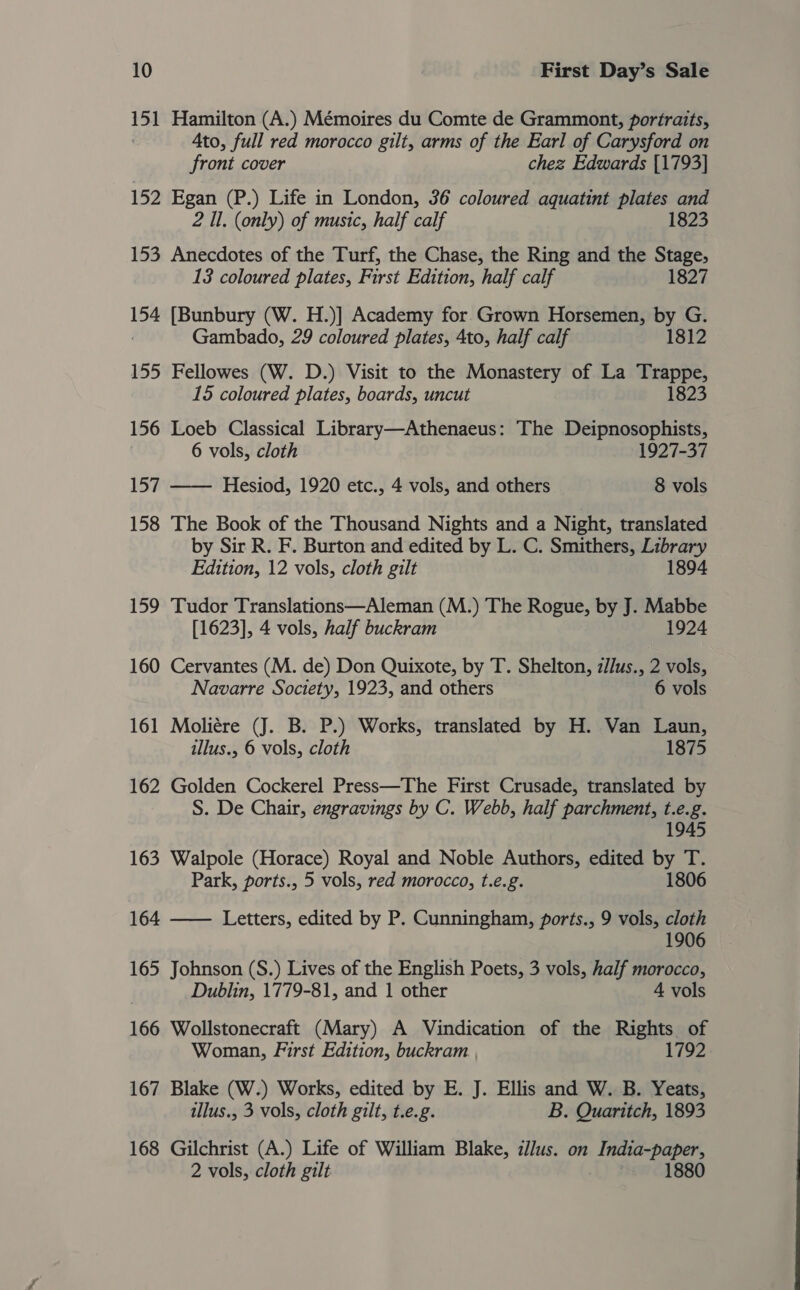 151 Hamilton (A.) Mémoires du Comte de Grammont, portraits, Ato, full red morocco gilt, arms of the Earl of Carysford on front cover chez Edwards {1793] 152 Egan (P.) Life in London, 36 coloured aquatint plates and 2 Il. (only) of music, half calf 1823 153 Anecdotes of the Turf, the Chase, the Ring and the Stage, 13 coloured plates, First Edition, half calf 1827 154 [Bunbury (W. H.)] Academy for. Grown Horsemen, by G. Gambado, 29 coloured plates, 4to, half calf 1812 155 Fellowes (W. D.) Visit to the Monastery of La Trappe, 15 coloured plates, boards, uncut 1823 156 Loeb Classical Library—Athenaeus: The Deipnosophists, 6 vols, cloth 1927-37 157 —— Hesiod, 1920 etc., 4 vols, and others 8 vols 158 The Book of the Thousand Nights and a Night, translated by Sir R. F. Burton and edited by L. C. Smithers, Library Edition, 12 vols, cloth gilt 1894 159 Tudor Translations—Aleman (M.) The Rogue, by J. Mabbe [1623], 4 vols, half buckram 1924 160 Cervantes (M. de) Don Quixote, by T. Shelton, z//us., 2 vols, Navarre Society, 1923, and others 6 vols 161 Moliére (J. B. P.) Works, translated by H. Van Laun, illus., 6 vols, cloth 1875 162 Golden Cockerel Press—The First Crusade, translated by S. De Chair, engravings by C. Webb, half parchment, t.e.g. 1945 163 Walpole (Horace) Royal and Noble Authors, edited by T. Park, ports., 5 vols, red morocco, t.e.g. 1806 164 —— Letters, edited by P. Cunningham, ports., 9 vols, cloth 1906 165 Johnson (S.) Lives of the English Poets, 3 vols, half morocco, | Dublin, 1779-81, and 1 other 4 vols 166 Wollstonecraft (Mary) A Vindication of the Rights of Woman, First Edition, buckram., 1792 167 Blake (W.) Works, edited by E. J. Ellis and W. B. Yeats, illus., 3 vols, cloth gilt, t.e.g. B. Quaritch, 1893 168 Gilchrist (A.) Life of William Blake, clus. on India-paper, 2 vols, cloth gilt 1880