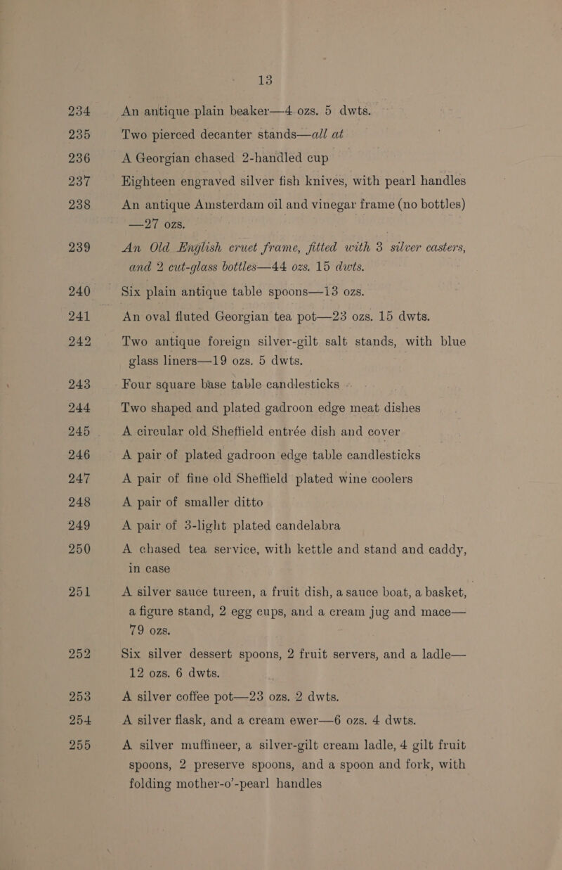 An antique plain beaker—4 ozs. 5 dwts. . Two pierced decanter stands—all at A Georgian chased 2-handled cup | Eighteen engraved silver fish knives, with pearl handles An antique Amsterdam oil and vinegar frame (no bottles) — 27 ozs. An Old English cruet Jrame, fitted with 3 silver casters, and 2 cut-glass bottles—44 ozs. 15 dwts. Six plain antique table spoons—13 ozs. An oval fluted Georgian tea pot—23 ozs. 15 dwts. Two antique foreign silver-gilt salt stands, with blue glass liners—19 ozs. 5 dwts. Two shaped and plated gadroon edge meat dishes A circular old Sheffield entrée dish and cover A pair of plated gadroon edge table candlesticks A pair of fine old Sheffield plated wine coolers A pair of smaller ditto A pair of 3-light plated candelabra A chased tea service, with kettle and stand and caddy, in case A silver sauce tureen, a fruit dish, a sauce boat, a basket, | a figure stand, 2 egg cups, and a cream jug and mace— 79 ozs. Six silver dessert spoons, 2 fruit servers, and a ladle— 12 ozs. 6 dwts. A silver coffee pot—23 ozs. 2 dwts. A silver flask, and a cream ewer—6 ozs. 4 dwts. A silver muffineer, a silver-gilt cream ladle, 4 gilt fruit spoons, 2 preserve spoons, and a spoon and fork, with folding mother-o’-pearl handles