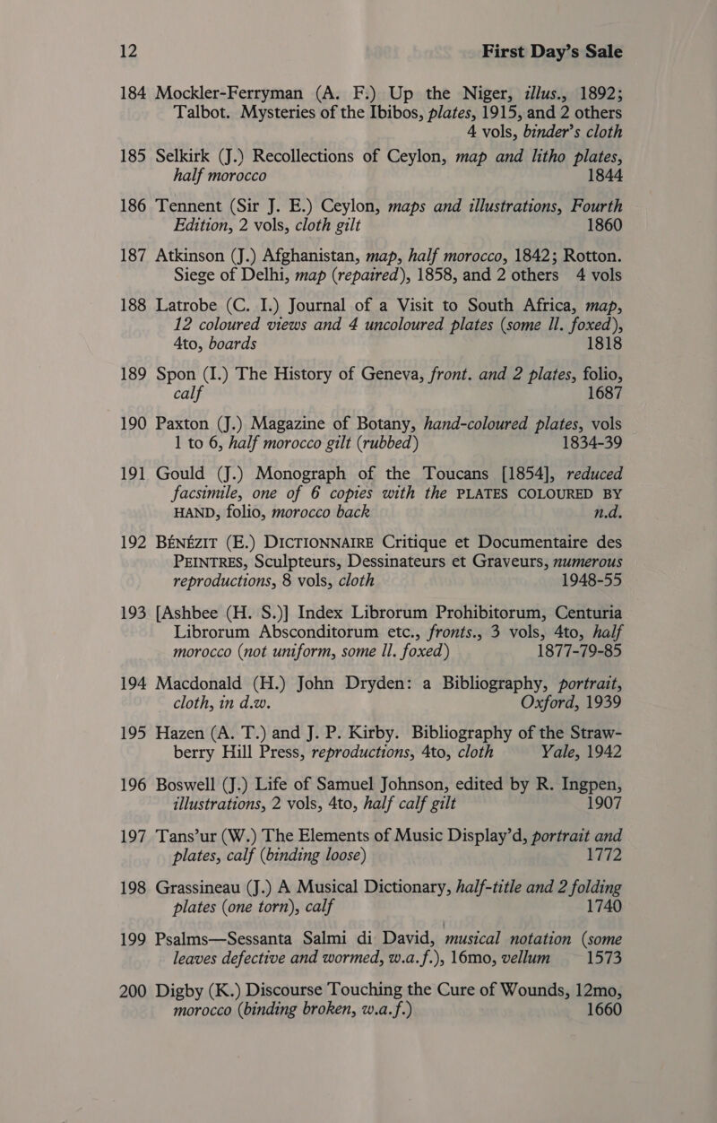 184 Mockler-Ferryman (A. F.) Up the Niger, zllus., 1892; Talbot. Mysteries of the Ibibos, plates, 1915, and 2 others 4 vols, binder’s cloth 185 Selkirk (J.) Recollections of Ceylon, map and litho plates, half morocco 1844 186 Tennent (Sir J. E.) Ceylon, maps and illustrations, Fourth Edition, 2 vols, cloth gilt 1860 187 Atkinson (J.) Afghanistan, map, half morocco, 1842; Rotton. Siege of Delhi, map (repaired), 1858, and 2 others 4 vols 188 Latrobe (C. I.) Journal of a Visit to South Africa, map, 12 coloured views and 4 uncoloured plates (some Il. foxed), Ato, boards 1818 189 Spon (I.) The History of Geneva, front. and 2 plates, folio, calf 1687 190 Paxton (J.) Magazine of Botany, hand-coloured plates, vols 1 to 6, half morocco gilt (rubbed) 1834-39 191 Gould (J.) Monograph of the Toucans [1854], reduced facsimile, one of 6 copies with the PLATES COLOURED BY HAND, folio, morocco back n.d. 192 BENEZIT (E.) DICTIONNAIRE Critique et Documentaire des PEINTRES, Sculpteurs, Dessinateurs et Graveurs, numerous reproductions, 8 vols, cloth 1948-55 193 [Ashbee (H. S.)] Index Librorum Prohibitorum, Centuria Librorum Absconditorum etc., fronts., 3 vols, 4to, half morocco (not uniform, some ll. foxed) 1877-79-85 194 Macdonald (H.) John Dryden: a Bibliography, portrait, cloth, in d.w. Oxford, 1939 195 Hazen (A. T.) and J. P. Kirby. Bibliography of the Straw- berry Hill Press, reproductions, 4to, cloth Yale, 1942 196 Boswell (J.) Life of Samuel Johnson, edited by R. Ingpen, illustrations, 2 vols, 4to, half calf gilt 1907 197 Tans’ur (W.) The Elements of Music Display’d, portrait and plates, calf (binding loose) 1772 198 Grassineau (J.) A Musical Dictionary, half-title and 2 folding plates (one torn), calf 1740 199 Psalms—Sessanta Salmi di David, musical notation (some leaves defective and wormed, w.a.f.), 16mo, vellum 1573 200 Digby (K.) Discourse Touching the Cure of Wounds, 12mo, morocco (binding broken, w.a.f.) 1660