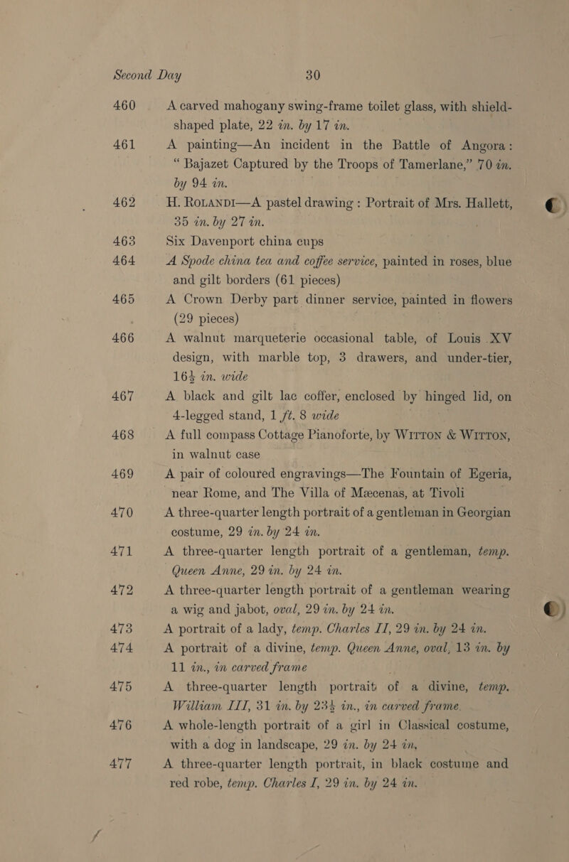 460 461 A carved mahogany swing-frame toilet glass, with shield- shaped plate, 22 in. by 17 in. | A painting—An incident in the Battle of Angora: “ Bajazet Captured by the Troops of Tamerlane,” 70 zn. by 94 an. | H. RoLANDI—A pastel drawing : Portrait of Mrs. Hallett, 35 in. by 27 in. Six Davenport china cups A Spode china tea and coffee service, painted in roses, blue and gilt borders (61 pieces) A Crown Derby part dinner service, painted in flowers (29 pieces) | A walnut marqueterie occasional table, of Louis XV design, with marble top, 3 drawers, and under-tier, 164 in. wide A black and gilt lac coffer, enclosed by hinged lid, on 4-legged stand, 1 ft. 8 wide an. A full compass Cottage Pianoforte, by Wirton &amp; WITTON, in walnut case A pair of coloured engravings—The Fountain of Egeria, near Rome, and The Villa of Mecenas, at Tivoli | A three-quarter length portrait of a gentleman in Georgian costume, 29 in. by 24 an. A three-quarter length portrait of a gentleman, temp. Queen Anne, 29 in. by 24 an. A three-quarter length portrait of a gentleman wearing a wig and jabot, oval, 29 in. by 24 in. A portrait of a lady, temp. Charles IT, 29 in. by 24 in. A portrait of a divine, temp. Queen Anne, oval, 13 im. by 11 in., in carved frame . A three-quarter length portrait of a divine, temp. William ITT, 31 in. by 23% in., in carved frame. A whole-length portrait of a girl in Classical costume, with a dog in landscape, 29 in. by 24 in, A three-quarter length portrait, in black costume and red robe, temp. Charles I, 29 in. by 24 in.