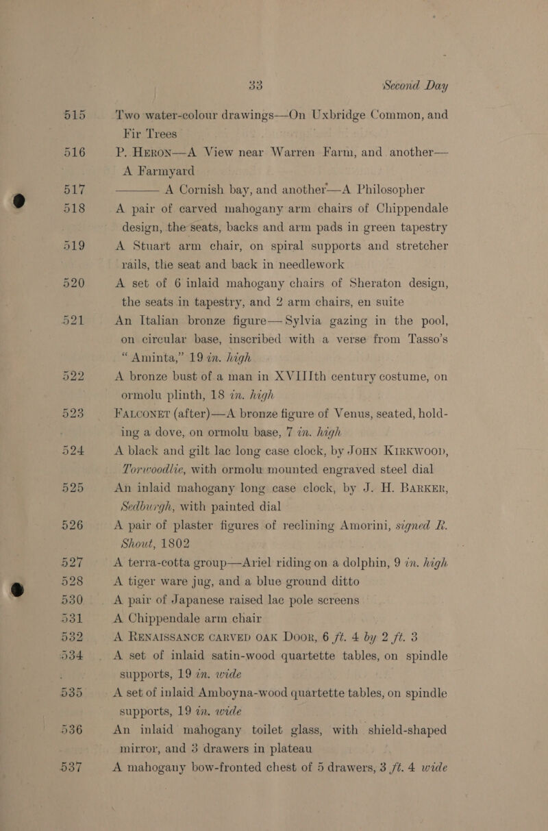 Two water-colour drawings—On neaee Common, and Fir Trees P, Heron—A View near Warren Farm, and another— A Farmyard A Cornish bay, and another—A Philosopher A pair of carved mahogany arm chairs of Chippendale  design, the seats, backs and arm pads in green tapestry A Stuart arm chair, on spiral supports and stretcher rails, tlie seat and back in needlework A set of 6 inlaid mahogany chairs of Sheraton design, the seats in tapestry, and 2 arm chairs, en suite An Italian bronze figure— Sylvia gazing in the pool, on circular base, mscribed with a verse from Tasso’s “ Aminta,” 19 an. high A bronze bust of.a man in X VIIIth century costume, on ormolu plinth, 18 zn. high FALcongt (after)—A bronze figure of Niaatet seated, hold- ing a dove, on ormolu base, 7 in. high A black and gilt lac long case clock, by Jonn KirKwoop, Torwoodlve, with ormolu mounted engraved steel dial An inlaid mahogany long case clock, by J. H. BARKER, Sedburgh, with painted dial A pair of plaster figures of reclining Amorini, signed R. Shout, 1802 A terra-cotta group—Ariel riding on a anise 9 in. high A tiger ware jug, and a blue ground ditto A pair of Japanese raised lac pole screens A Chippendale arm chair A RENAISSANCE CARVED OAK Door, 6 ft. 4 by 2 ft. 3 A set of inlaid satin-wood quartette tables, on spindle supports, 19 in. wide A set of inlaid Amboyna-wood quartette tables, on spindle supports, 19 in. wide An inlaid mahogany toilet glass, with shield-shaped mirror, and 3 drawers in plateau