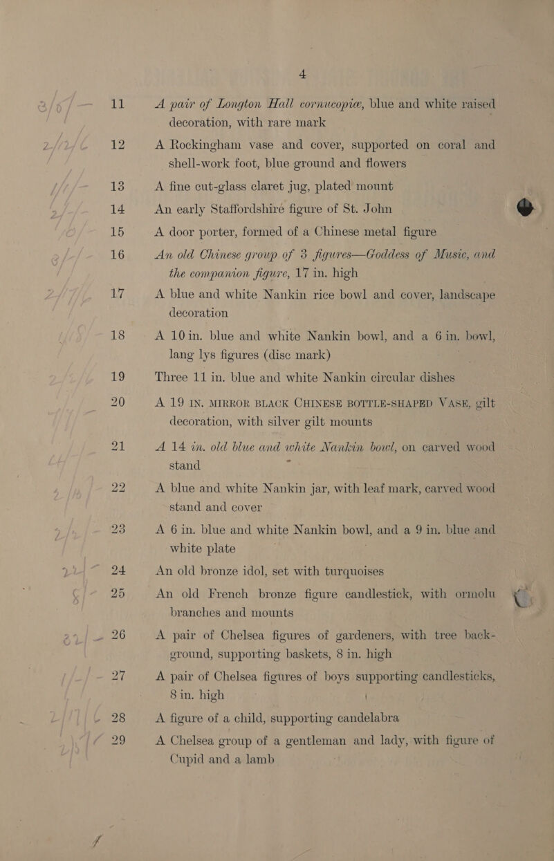4 decoration, with rare mark A Rockingham vase and cover, supported on coral and shell-work foot, blue ground and flowers A fine cut-glass claret jug, plated mount An early Staffordshire figure of St. John A door porter, formed of a Chinese metal figure An old Chinese group of 3 figures—Goddess of Music, and the companion figure, 17 in. high A blue and white Nankin rice bowl and cover, landscape decoration | A 10in. blue and white Nankin bowl, and a 6 in. bowl, lang lys figures (disc mark) ‘ Three 11 in. blue and white Nankin cireular dishes A 19 IN. MIRROR BLACK CHINESE BOTTLE-SHAPED VASE, gilt decoration, with silver gilt mounts A 14 wm. old blue and white Nankin bowl, on carved wood ” stand A blue and white Nankin jar, with leaf mark, carved wood stand and cover A 6 in. blue and white Nankin bowl, and a 9 in, blue and white plate | An old bronze idol, set with turquoises An old French bronze figure candlestick, with ormolu branches and mounts A pair of Chelsea figures of gardeners, with tree back- ground, supporting baskets, 8 in. high A pair of Chelsea figures of boys supporting candlesticks, Sin. high : ) A figure of a child, supporting candelabra A Chelsea group of a gentleman and lady, with figure of Cupid and a lamb 