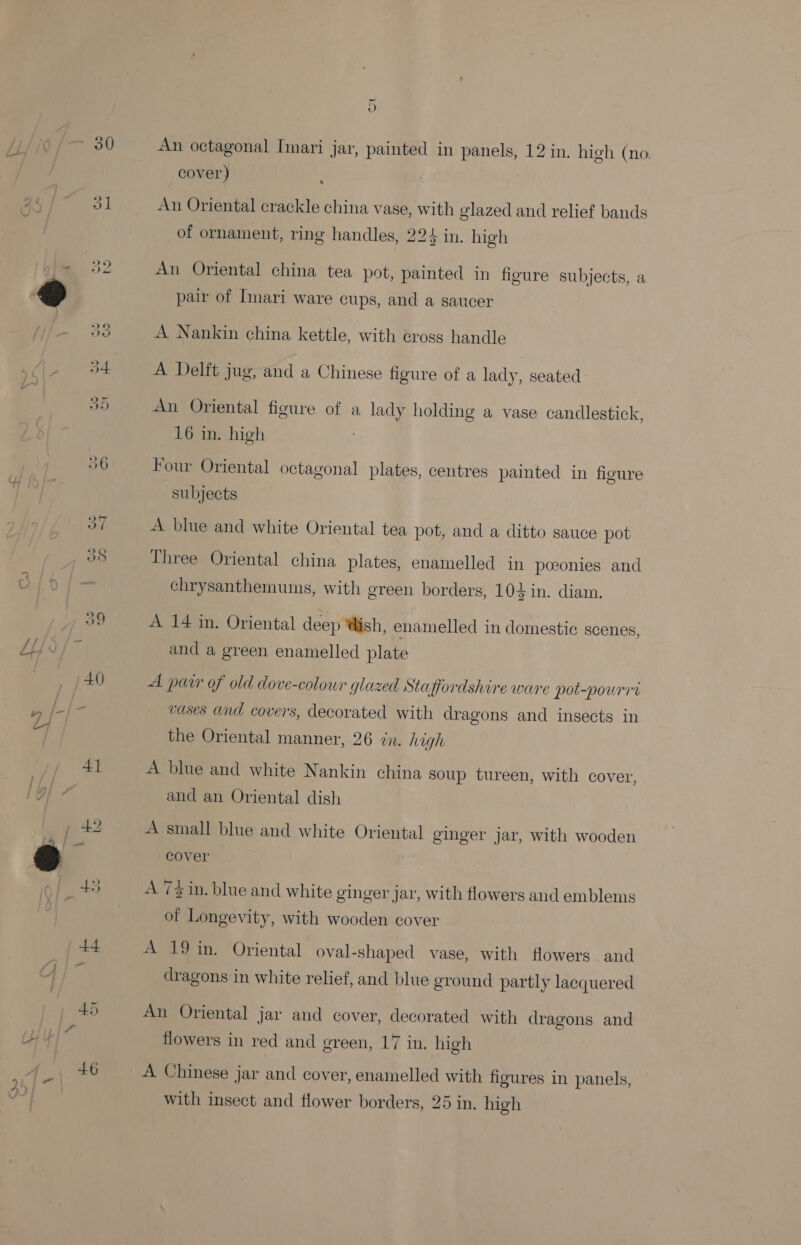 ~ a An octagonal Imari jar, painted in panels, 12 in. high (no. cover) . An Oriental crackle china vase, with glazed and relief bands of ornament, ring handles, 225 in. high An Oriental china tea pot, painted in figure subjects, a pair of Imari ware cups, and a saucer A Nankin china kettle, with eross handle A Delft jug, and a Chinese figure of a lady, seated An Oriental figure of a lady holding a vase candlestick, 16 in. high Four Oriental octagonal plates, centres painted in figure subjects A blue and white Oriental tea pot, and a ditto sauce pot Three Oriental china plates, enamelled in pceonies and chrysanthemums, with green borders, 104 in. diam. A 14 in. Oriental deep @ish, enamelled in domestic scenes, and a green enamelled plate A pair of old dove-colour glazed Staffordshire ware pot-pourrt vases and covers, decorated with dragons and insects in the Oriental manner, 26 in. high A blue and white Nankin china soup tureen, with cover, and an Oriental dish A small blue and white Oriental ginger jar, with wooden cover A 7% in. blue and white ginger jar, with flowers and emblems of Longevity, with wooden cover A 19 in. Oriental oval-shaped vase, with flowers and dragons in white relief, and blue ground partly lacquered An Oriental jar and cover, decorated with dragons and flowers in red and green, 17 in. high A Chinese jar and cover, enamelled with figures in panels, with insect and flower borders, 25 in. high