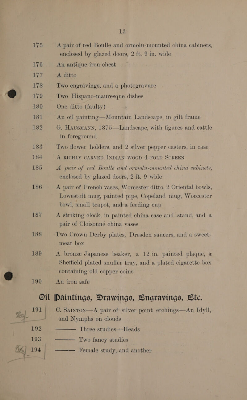 eA | »- 187 188 189 190 13 A pair of red Boulle and ormolu-mounted china cabinets, enclosed by glazed doors, 2 ft. 9 in. wide An antique iron chest A ditto Two engravings, and a photogravure Two Hispano-mauresque dishes One ditto (faulty) An oil paintng—Mountain Landscape, in gilt frame G. HAUSMANN, 1875—Landscape, with figures and cattle in foreground Two flower holders, and 2 silver pepper casters, in case A RICHLY CARVED. INDIAN-WOOD 4-FOLD SCREEN A pair of red Boulle and ormolu-mounted china cabinets, enclosed by glazed doors, 2 ft. 9 wide A pair of French vases, Worcester ditto, 2 Oriental bowls, Lowestoft mug, painted pipe, Copeland mug, Worcester bowl, small teapot, and a feeding cup A striking clock, in painted china case and stand, and a pair of Cloisonné china vases Two Crown Derby plates, Dresden saucers, and a sweet- meat box A bronze Japanese beaker, a 12 in. painted plaque, a Sheftield plated snuffer tray, and a plated cigarette box containing old copper coins An iron safe 191 / a 1b 194 C. SAINTON—A pair of silver point etchings—An Idyll,  and Nymphs on clouds Three studies—Heads Two fancy studies ——— Female study, and another