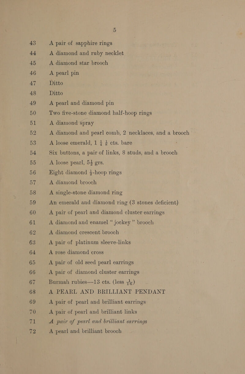 5 A pair of sapphire rings A diamond and ruby necklet A diamond star brooch A pearl pin Ditto Ditto A pearl and diamond pin Two five-stone diamond half-hoop rings A diamond spray A loose emerald, 1 + 4 ets. bare A loose pearl, 5% grs. Eight diamond $-hoop rings A diamond brooch A single-stone diamond ring A pair of pearl and diamond cluster earrings A diamond and enamel “ jockey ” brooch A diamond crescent brooch A pair of platinum sleeve-links A rose diamond cross A pair of old seed pearl earrings A pair of diamond cluster earrings Burmah rubies—13 cts. (less 34¢ | A PEARL AND BRILLIANT PENDANT A pair of pearl and brilliant earrings A pair of pearl and brilliant links A pur of pearl and brilliant earrings A pearl and brilliant brooch