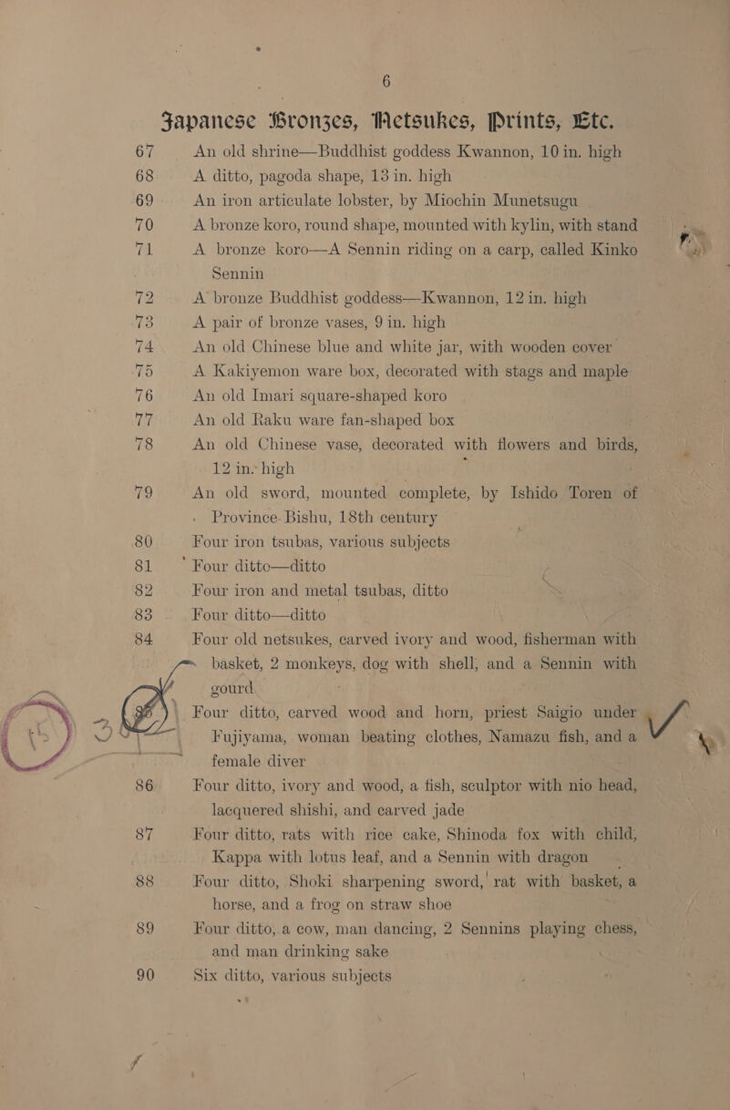  lip ah Keri er Pt KS CO ~I ie cs i a On co CO “I &amp; or BR Oo bo CO =e 82 G> OO 09 An old shrine—Buddhist goddess Kwannon, 10 in. high A ditto, pagoda shape, 13 in. high An iron articulate lobster, by Miochin Munetsugu . A bronze koro, round shape, mounted with kyln, with stand A bronze koro—A Sennin riding on a carp, called Kinko Sennin A’ bronze Buddhist goddess—Kwannon, 12 in. high A pair of bronze vases, 9 in. high An old Chinese blue and white jar, with wooden cover A Kakiyemon ware box, decorated with stags and maple An old Imari square-shaped koro An old Raku ware fan-shaped box An old Chinese vase, decorated with flowers and Hod 12 ins high 1 An old sword, mounted complete, by Ishido Toren of Province. Bishu, 18th century Four iron tsubas, various subjects  bo Four iron and metal tsubas, ditto Four ditto—ditto Four old netsukes, carved ivory and wood, fisherman with basket, 2 monkeys, dog with shell, and a Sennin with gourd. | Four ditto, carved wood and horn, priest Saigio under Fujiyama, woman beating clothes, Namazu fish, and a female diver | Four ditto, ivory and wood, a fish, sculptor with nio head, lacquered shishi, and carved jade Four ditto, rats with rice cake, Shinoda fox with child, Kappa with lotus leaf, and a Sennin with dragon Four ditto, Shoki sharpening sword, rat with basket, a horse, and a frog on straw shoe Four ditto, a cow, man dancing, 2 Sennins playing chess, and man drinking sake Six ditto, various subjects
