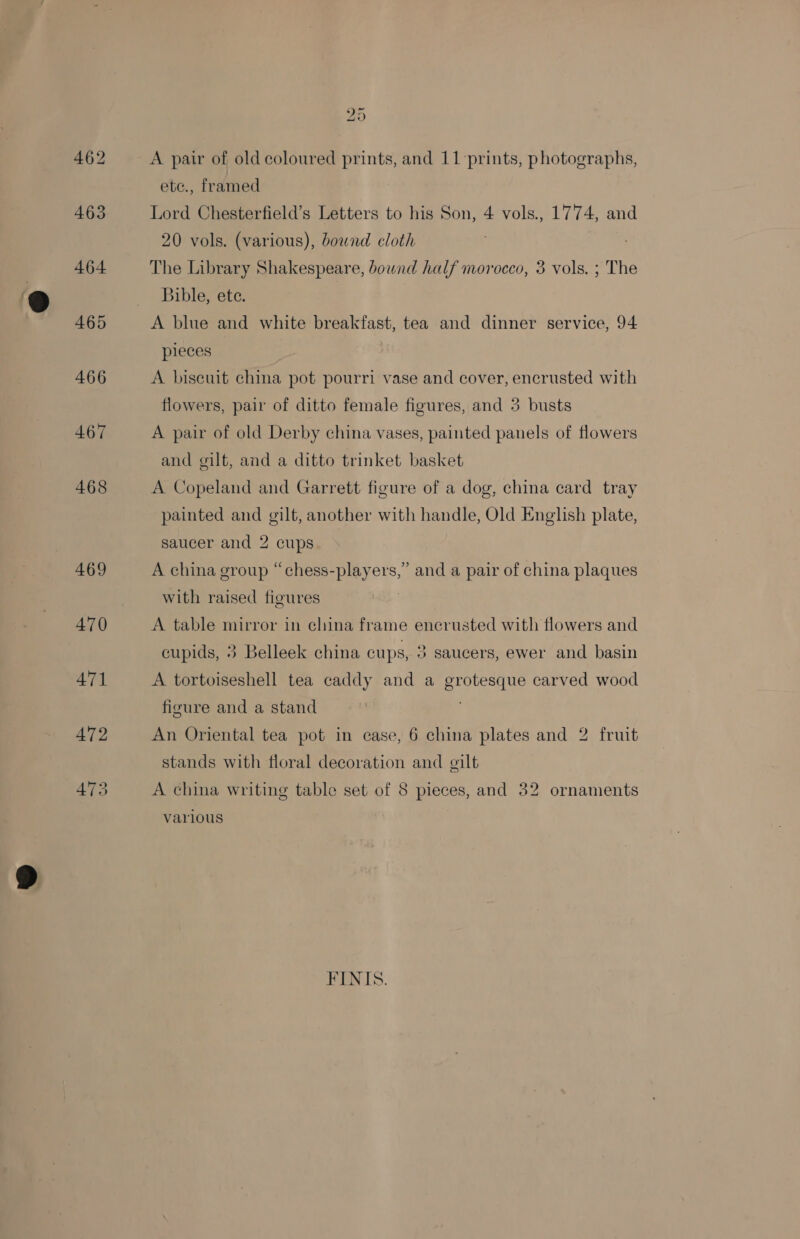 463 464 466 467 468 469 470 yA) A pair of old coloured prints, and 11 ‘prints, photographs, ete., framed Lord Chesterfield’s Letters to his Son, 4 vols., 1774, and 20 vols. (various), bownd cloth The Library Shakespeare, bownd half morocco, 3 vols. ; The Bible, ete. A blue and white breakfast, tea and dinner service, 94 pieces A biscuit china pot pourri vase and cover, encrusted with flowers, pair of ditto female figures, and 3 busts A pair of old Derby china vases, painted panels of flowers and gilt, and a ditto trinket basket A Copeland and Garrett figure of a dog, china card tray painted and gilt, another with handle, Old English plate, saucer and 2 cups A china group “chess-players,”’ and a pair of china plaques with raised figures A table mirror in china frame encrusted with flowers and cupids, 3 Belleek china cups, 3 saucers, ewer and basin A tortoiseshell tea caddy and a grotesque carved wood figure and a stand An Oriental tea pot in case, 6 china plates and 2 fruit stands with floral decoration and gilt A china writing table set of 8 pieces, and 32 ornaments various FINIS.