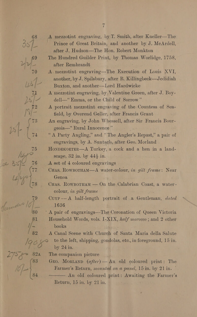 iz ( 68 A mezzotint engraving, by T. Smith, after Kneller—The 44 | Prince of Great Britain, and another by J. McArdell, ie after J. Hudson—The Hon. Robert Monkton » 69 The Hundred Guilder Print, by Thomas Worlidge, 1758, L Vie after Rembrandt 3 LO A. mezzotint engraving—The Execution of Louis XVI, ey | another, by J. Spilsbury, after B. Killmgbeck—Jedidiah LS ji Buxton, and another—Lord Hardwicke Ti A inezzotint engraving, by Valentine Green, after J. Boy- } Ne dell—‘“‘ Emma, or the Child of Sorrow ” Lee A portrait mezzotint engraving of the Countess of Sea- [Si a field, by Overend Geller, after Francis Grant C73 An speraving, by John Whessell, after Sir Francis Bour- 44 L 4 geois—“ Rural Innocence ” rap! L 74 “A Party Angling,” and “The Angler’s ee Raisite a pair of engravings, by A. Suntach, after Geo. Morland 75 HONDEKOETER—A Turkey, a cock and a hen in a land- hot ied scape, 32 in. by 444 in. of ayy 76 A set of 4 coloured engravings ‘ 77 Cuas. RowporHaM—A water-colour, in gill frame: Near Lpjvy? Genoa U L78 Cuas. RowspoTtHaM — On the Calabrian Coast, a water- colour, in gilt frame 79 Cuyp-—A half-length portrait of .a Gentleman, duted : a] 1636 ; 80 °A pair of engravings—-The Coronation of Queen Victoria 81 Household Words, vols. I-XIX, half morocco ; and 2 other if. books 82 A Canal Scene with Church of Santa Maria della Salute Jo ~&lt; (© to the left, shipping, gondolas, etc., in foreground, 15 in. : by 24 in. ys no Ke 824 The companion picture aes GEO. Moriann (after) — An old coloured print: The : f Farmer’s Return, mounted on a panel, 15 in. by 21 in. | ( 84 —— An old coloured print: Awaiting the Farmer’s Return, 15 in. by 21 in.