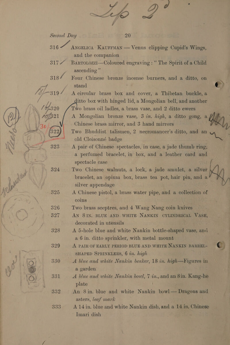 J / Y), oa ee As Je A Second Day 20 316 Pi ANGELICA KAUFFMAN — Venus clipping Cupid’s Wings, and the companion 3177 Barrotozzi-—Coloured engraving : “ The Spirit of a Child ascending ” 3184 Four Chinese bronze incense burners, and a ditto, on. ata y stand | €&gt; itto box with hinged lid, a Mongolian bell, and another Ab 0 brass oil ladles, a brass vase, and 2 ditto ewers   A Mongolian bronze vase, 3 in. igh, a ditto gong, a Chinese brass mirror, and 3 hand mirrors _ (392 | Two Bhuddist talismen, 2 necromancer’s ditto, and an , old Cloisonné badge | o2a A pair of Chinese spectacles, in case, a jade thumb ring; a perfumed bracelet, in box, and a leather card and spectacle case | 324 Two Chinese walnuts, a lock, a jade amulet, a silver } bracelet, an opiuin box, brass tea pot, hair pin, and a silver appendage  325 A Chinese pile a brass water pipe, and a collection of coins 326 Two brass sceptres, and 4 Wang Nang coin knives S27 AN 8IN. BLUE AND. WHITE NANKIN CYLINDRICAL VASE, decorated in utensils 328 A 5-hole blue and white Nankin bottle-shaped vase, and a 6 in. ditto sprinkler, with metal mount 329 A PAIR OF EARLY PERIOD BLUE AND WHITE NANKIN BARREL- i ; SHAPED SPRINKLERS, 6 an. high 300 A blue and white Nankin beaker, 18 in. high—Figures in a garden 331 A blue and white Nankin bowl, 7 in., and an 8in. Kang-he plate / 332 An 8in. blue and white Nankin bowl aig ae 4 and asters, leaf mark Soo A 14 in. blue and white Nankin dish, Pe) a 14 in. Chinese Imari dish