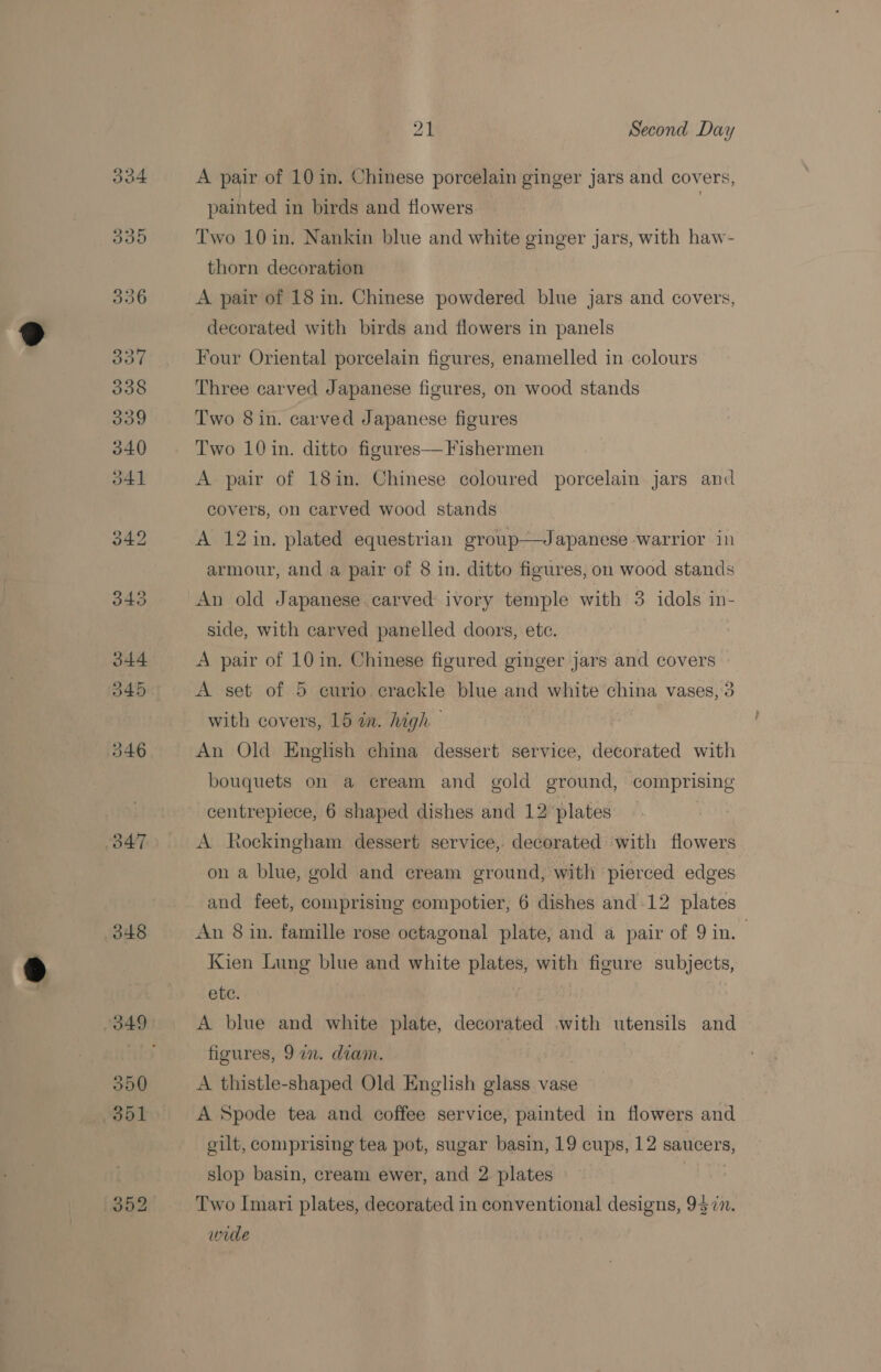 347 348 21 Second Day A pair of 10 in. Chinese porcelain ginger jars and covers, painted in birds and flowers | Two 10 in. Nankin blue and white ginger jars, with haw- thorn decoration A pair of 18 in. Chinese powdered blue jars and covers, decorated with birds and flowers in panels Four Oriental porcelain figures, enamelled in colours Three carved Japanese figures, on wood stands Two 8 in. carved Japanese figures Two 10 in. ditto figures— Fishermen A pair of 18in. Chinese coloured porcelain jars anid covers, on carved wood stands A 12/in. plated equestrian group——Japanese warrior in armour, and a pair of 8 in. ditto figures, on wood stands An old Japanese.carved ivory temple with 3 idols in- side, with carved panelled doors, ete. A pair of 10 in. Chinese figured ginger jars and covers A set of 5 curio erackle blue and white china vases, 3 with covers, 15 in. high An Old English china dessert service, decorated with bouquets on a cream and gold ground, comprising centrepiece, 6 shaped dishes and 12 plates A Rockingham dessert service, decorated ‘with flowers on a blue, gold and cream ground, with ‘pierced edges and feet, comprising compotier, 6 dishes and 12 plates An 8 in. famille rose octagonal plate, and a pair of 9 in. Kien Lung blue and white plates, with figure subjects, ete. | | A blue and white plate, decorated with utensils and figures, 9 in. diam. A thistle-shaped Old English glass vase A Spode tea and coffee service, painted in flowers and gilt, comprising tea pot, sugar basin, 19 cups, 12 saucers, slop basin, cream ewer, and 2 plates : Two nari plates, decorated in conventional designs, 9377. wide