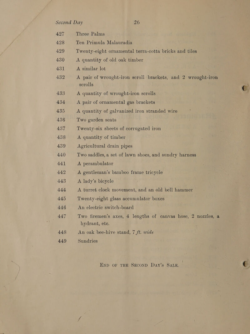 427 Three Palms 428 Ten Primula Malauraam 429 Twenty-eight ornamental terra-cotta bricks and tiles 430 A quantity of old oak timber 431 A similar lot 432 A pair of wrought-iron scroll brackets, and 2 wrought-iron scrolls 433 A quantity of wrought-iron scrolls 434 A pair of ornamental gas brackets 435 A quantity of galvanized iron stranded wire 436 Two garden seats 437 Twenty-six sheets of corrugated iron 438 A quantity of timber 439 Agricultural drain pipes 440 Two saddles, a set of lawn shoes, and sundry harness 44] A perambulator 442 A gentleman’s bamboo frame tricycle 443 A lady’s bicycle 444 A turret clock movement, and an old bell hammer 445 Twenty-eight glass accumulator boxes 446 An electric switch-board | 447 Two firemen’s axes, 4 lengths of canvas hose, 2 nozzles, a hydrant, ete. 448 An oak bee-hive stand, 7 /¢. wide 449 Sundries ’ END OF THE SECOND DaAy’s SALE.