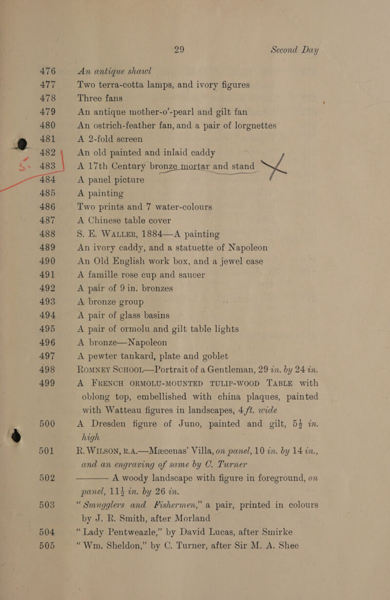 477 478 479 480 481  486 487 488 489 490 491 492 493 494 495 496 497 498 499 500 505 oo ) Second Day Two terra-cotta lamps, and ivory figures Three fans An antique mother-o’-pearl and gilt fan An ostrich-feather fan, and a pair of lorgnettes A 2-fold screen An old painted and inlaid caddy A 17th Century bronze mortar and stand A A panel picture A painting A Chinese table cover S. E. WALLER, 1884—A painting An ivory caddy, and a statuette of Napoleon An Old English work box, and a jewel case A famille rose cup and saucer A pair of 9 in. bronzes A bronze group A pair of glass basins A pair of ormolu and gilt table lights A bronze—Napoleon A pewter tankard, plate and goblet RoMNEY ScHooLt—Portrait of a Gentleman, 29 an. by 24 an. A FRENCH ORMOLU-MOUNTED TULIP-wooD TABLE with oblong top, embellished with china plaques, painted with Watteau figures in landscapes, 4,/¢. wide A Dresden figure of Juno, painted and gilt, 54 zn. high | R. WILSON, k.A.—Meecenas’ Villa, on panel, 10 in. by 14 in., and an engraving of same by C. Turner  A woody landscape with figure in foreground, on panel, 115 in. by 26 an. “Smugglers and Fishermen,” a pair, printed in colours by J. R. Smith, after Morland “Lady Pentweazle,’ by David Lucas, after Smirke “Wm. Sheldon,” by C. Turner, after Sir M. A. Shee