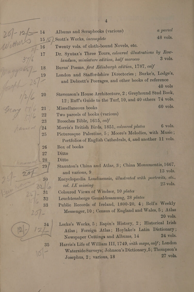Albums and Scrapbooks (various) a parcel 15 /d ) Scott’s Works, inconplete 48 vols. | ' Twenty vols. of cloth-bound Novels, ete. ~ 17. Dr. Syntax’s Three Tours, colowred illustrations by Row- landson, miniature edition, half morocco 3 vols. 18 Burns’ Poems, first Edinburgh edition, 1787, calf a London and Staffordshire Directories ; Burke’s, Lodge's, 4 and Debrett’s Peerages, and other books of reference 40 vols 20 Stevenson’s House Architecture, 2; Greyhound Stud Book, 12: Ruff’s Guide to the Turf, 10, and 40 others 74 vols. 21. Miscellaneous books ~ 60 vols. 22 Two parcels of books (various) 23 Breeches Bible, 1615, calf (24 Morris’s British Birds, 1851, colowred plates 6 vols. 25 Picturesque Palestine, 5 ; Moore’s Melodies, ‘with Music ; Portfolios of English Cathedrals, 4, and another 11 vols. | 26 Box of books 27 Ditto 28 ~ Ditto 29/ Staunton’s China and Atlas, 3; China Monumentis, 1667, : — and various, 9 = 3 vols: 30 Encyclopedia Londinensis, illustrated with portraits, ete., wat le vol. LX massing 23 vols. OL Coloured Views of Windsor, 10 plates 32 Leuchtensberge Gemaldesamung, 28 plates 3D Public Records of Ireland, 1800-20, 4; Bell’s Weekly Messenger, 10; Census of England and Wales, 5 ; Atlas 20 vols. 34 Locke’s Works, 5; Rapin’s History, 2; Historical Irish - Atlas; Foreign Atlas; Hoylake’s Latin Dictionary; ae Newspaper Cuttings and Albums, 14 24 vols. 35 Harris’s Life of William III, 1749, with maps, calf; London WatersideSurveys; Johnson’s Dictionary, 5; Thompson’s Josephus, 2; various, 18 27 vols.