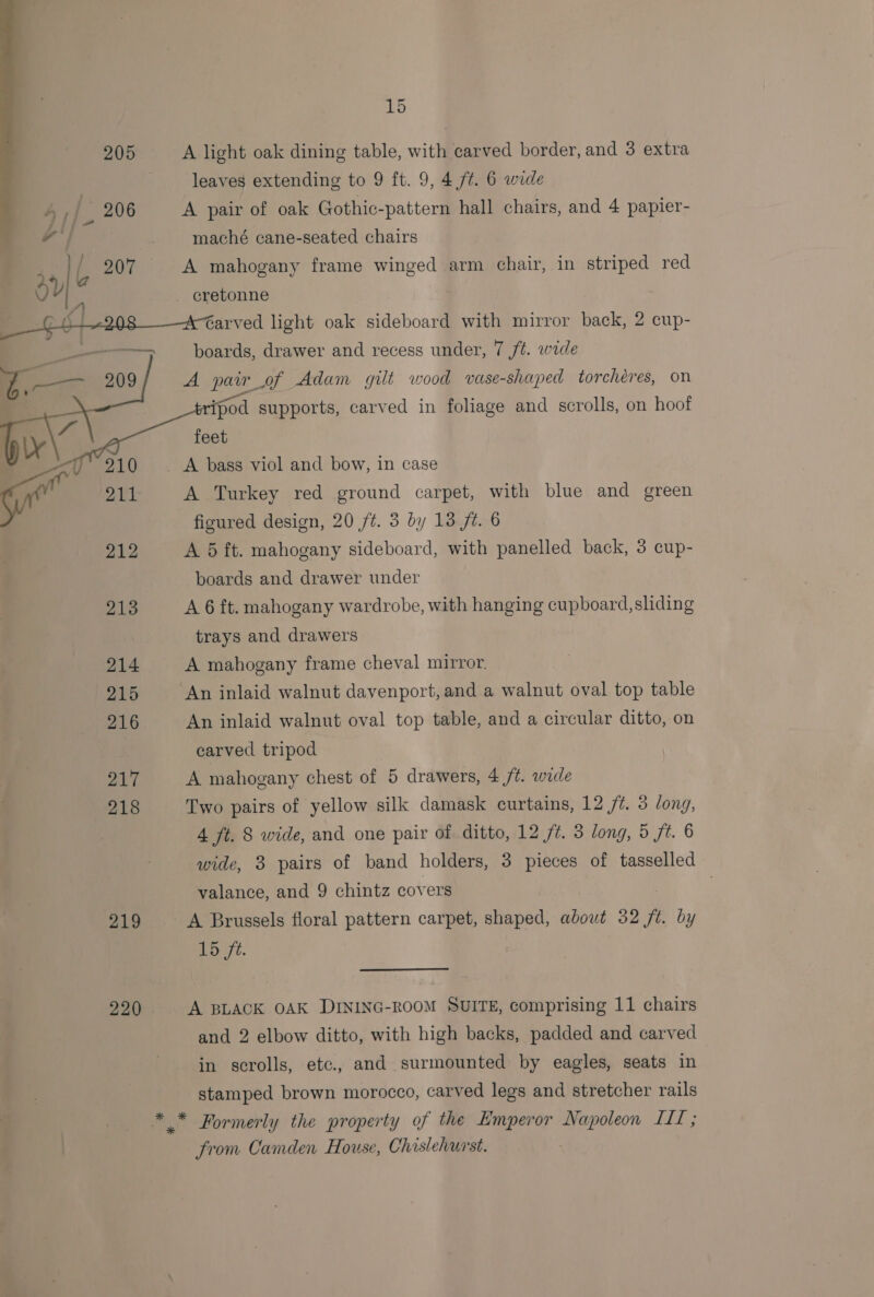 205 4, |, 206 207 Oy?  15 A light oak dining table, with carved border, and 3 extra leaves extending to 9 ft. 9, 4 ft. 6 wide A pair of oak Gothic-pattern hall chairs, and 4 papier- maché cane-seated chairs A mahogany frame winged arm chair, in striped red cretonne   220 boards, drawer and recess under, 7 ft. wide A pair_of Adam gilt wood vase-shaped torchéres, on ipod supports, carved in foliage and scrolls, on hoof feet A bass viol and bow, in case A Turkey red ground carpet, with blue and green ficured design, 20 /¢. 3 by 13 fz. 6 A 5 ft. mahogany sideboard, with panelled back, 3 cup- boards and drawer under A 6 ft. mahogany wardrobe, with hanging cupboard,sliding trays and drawers A mahogany frame cheval mirror. An inlaid walnut oval top table, and a circular ditto, on carved tripod A mahogany chest of 5 drawers, 4 /t. wide Two pairs of yellow silk damask curtains, 12 /¢. 3 long, 4 ft. 8 wide, and one pair of ditto, 12 ft. 3 long, 5 ft. 6 wide, 3 pairs of band holders, 3 pieces of tasselled valance, and 9 chintz covers . A Brussels floral pattern carpet, shaped, about 32 ft by 15 fe. A BLACK OAK DINING-ROOM SUITE, comprising 11 chairs and 2 elbow ditto, with high backs, padded and carved in scrolls, etc., and surmounted by eagles, seats in stamped brown morocco, carved legs and stretcher rails from Camden House, Chislehurst.