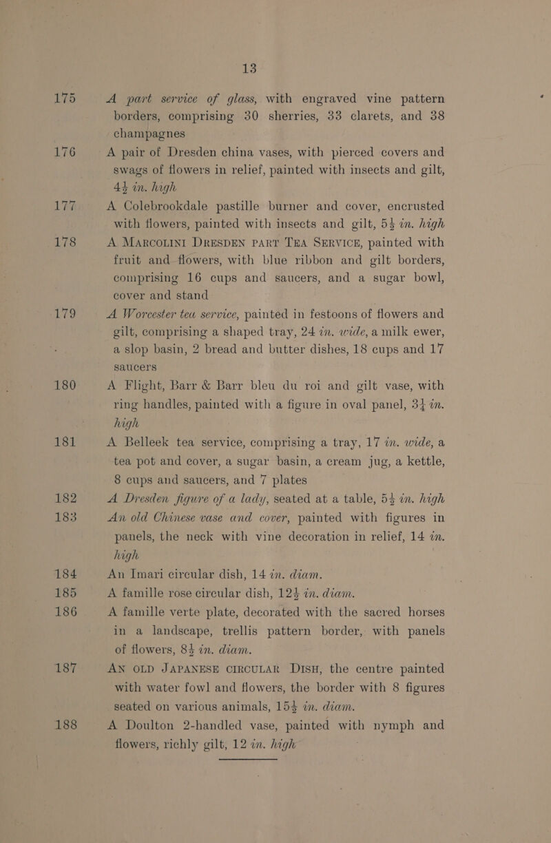179 180 181 182 185 184 185 186 187 188 13 A part service of glass, with engraved vine pattern borders, comprising 30 sherries, 33 clarets, and 38 champagnes A pair of Dresden china vases, with pierced covers and swags of flowers in relief, painted with insects and gilt, Ad in. high A Colebrookdale pastille burner and cover, encrusted with flowers, painted with insects and gilt, 53 in. high A, MARCOLINI DRESDEN PART TEA SERVICE, painted with fruit and flowers, with blue ribbon and gilt borders, comprising 16 cups and saucers, and a sugar bowl, cover and stand | A Worcester tea service, painted in festoons of flowers and gilt, comprising a shaped tray, 24 7. wide, a milk ewer, a slop basin, 2 bread and butter dishes, 18 cups and 17 saucers A Fhlght, Barr &amp; Barr bleu du roi and gilt vase, with ring handles, painted with a figure in oval panel, 34 7a. high | A Belleek tea service, comprising a tray, 17 in. wide, a tea pot and cover, a sugar basin, a cream jug, a kettle, 8 cups and saucers, and 7 plates A Dresden figure of a lady, seated at a table, 55 wm. high An old Chinese vase and cover, painted with figures in panels, the neck with vine decoration in relief, 14 an. high An Imari circular dish, 14 72. diam. A famille rose circular dish, 124 cn. diam. A famille verte plate, decorated with the sacred horses in a landscape, trellis pattern border, with panels of flowers, 84 in. diam. AN OLD JAPANESE CIRCULAR DiIsH, the centre painted with water fowl and flowers, the border with 8 figures seated on various animals, 154 in. diam. A Doulton 2-handled vase, painted with nymph and